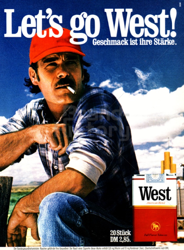 Vintage Werbung von West Tabak, slogan: Lets Go West