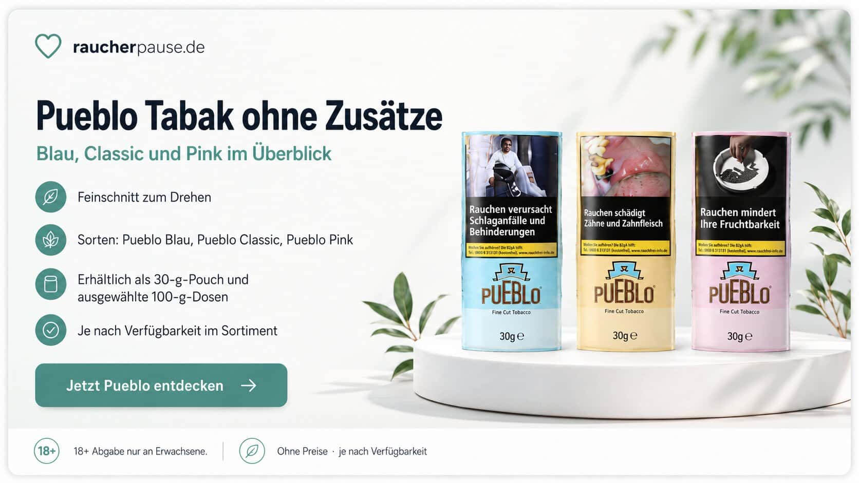 Pueblo Tabak ohne Zusätze mit Pueblo Blue, Classic und Pink Pouches