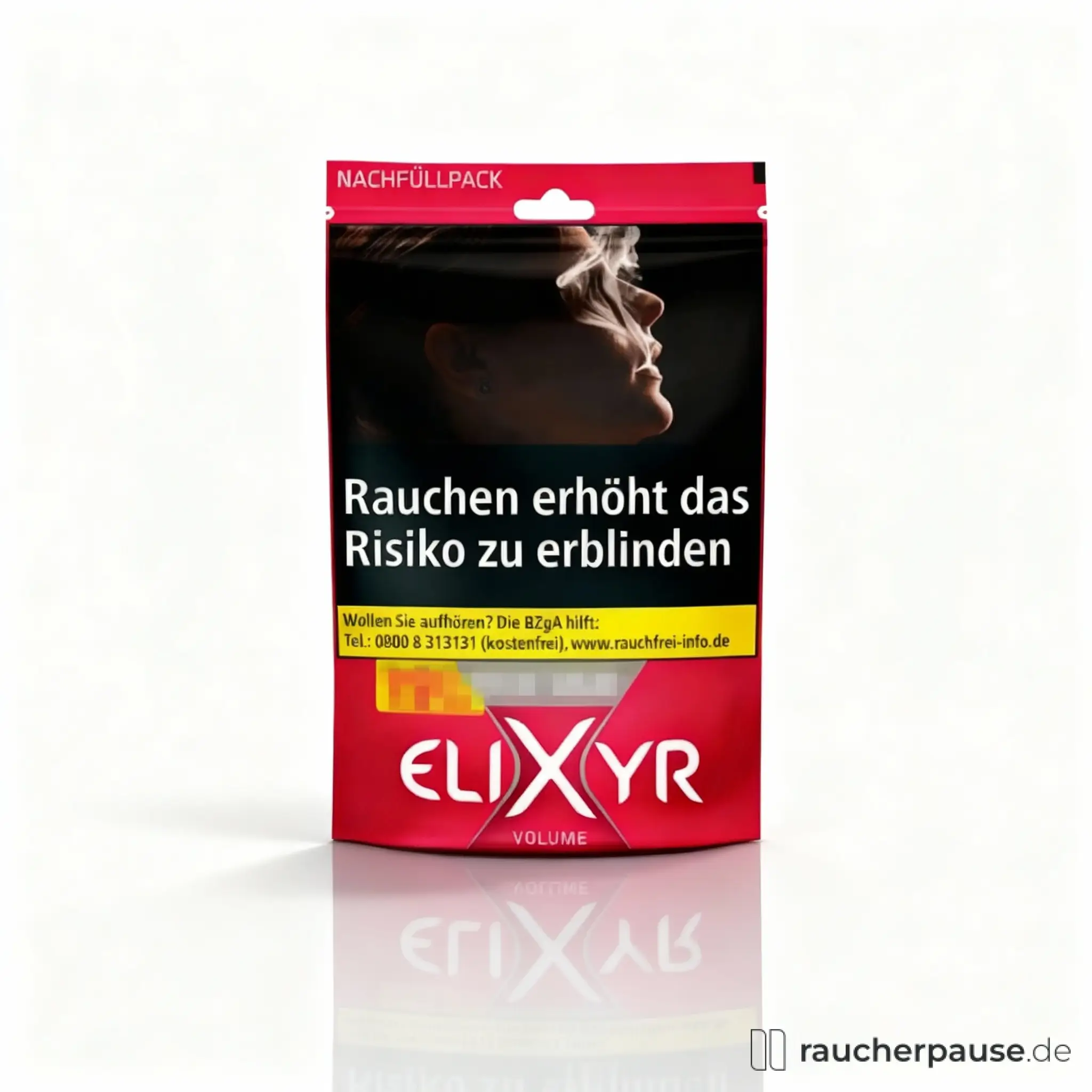 Elixyr Volume Zigarettentabak 105g American Blend in roter und schwarzer Verpackung mit transparentem Fenster und weißem Logo auf der Vorderseite.