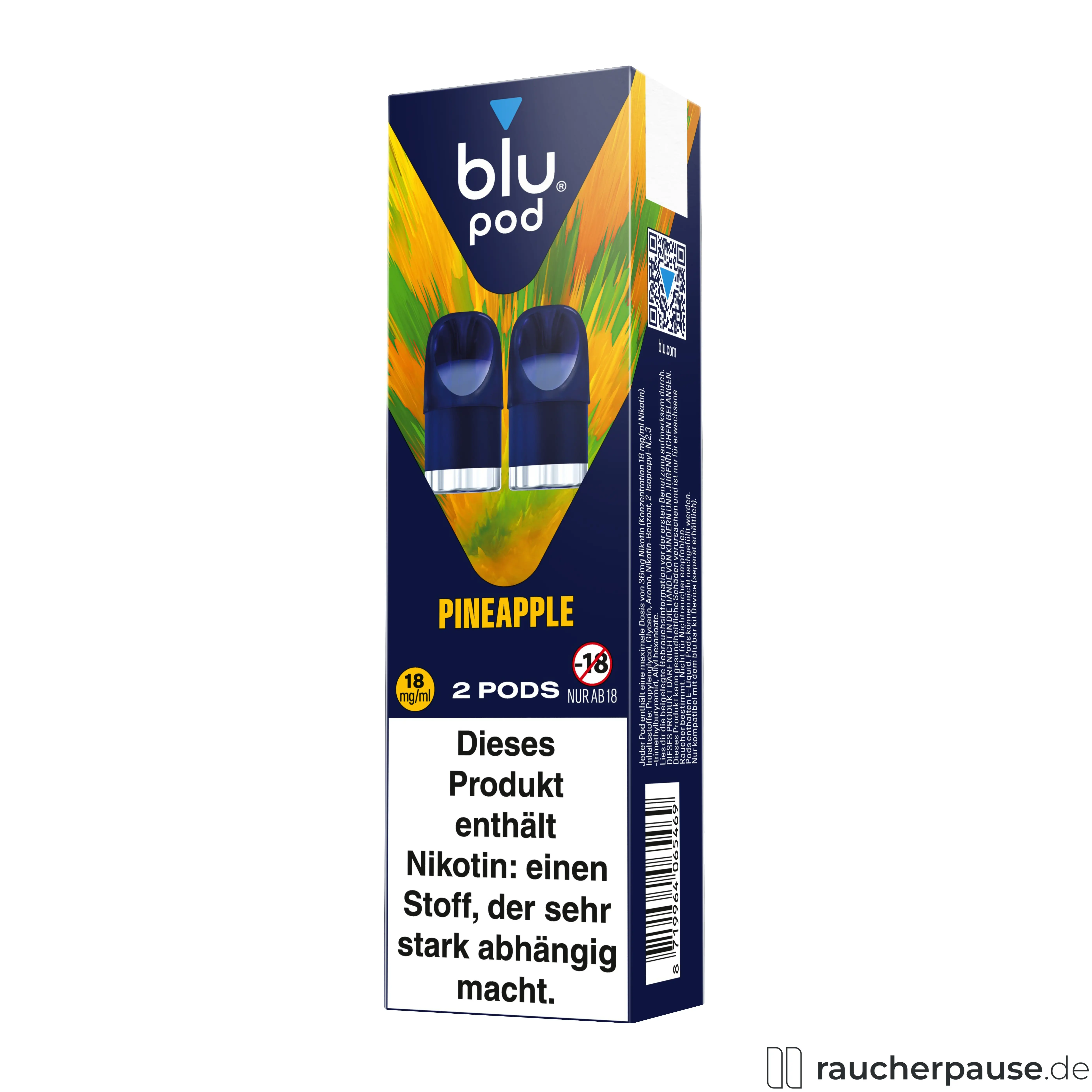Blu Pod Pineapple Ice 18mg/ml Nikotin in blau-gelber Verpackung mit zwei Pods und deutscher Beschriftung.