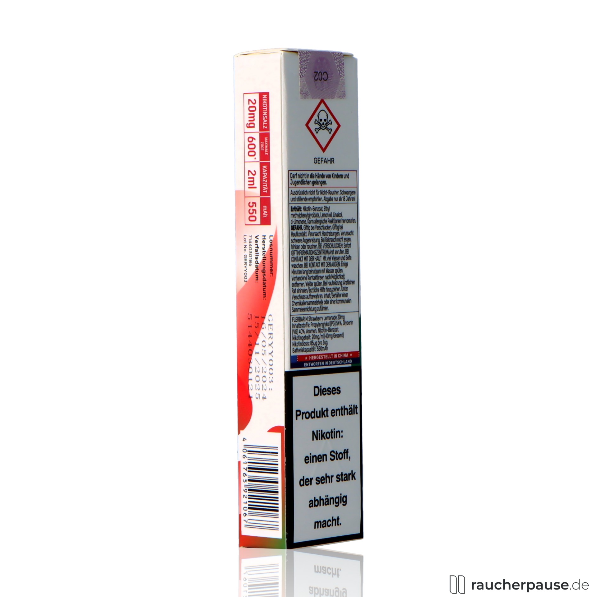 flerbar, flerbar einweg vape strawberry lemonade zuege ml nikotin erdbeer limonade , packshot vorderseite