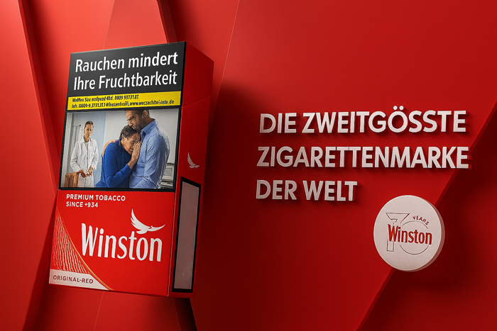 Winston Zigaretten Banner mit Slogan "Die zweitgrösste Zigarettenmarke der Welt"