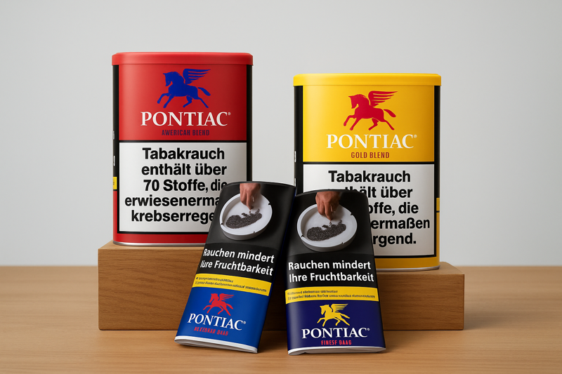 Pontiac Tabak rot, gelb, blau und dunkel blau auf einem Holzklotz