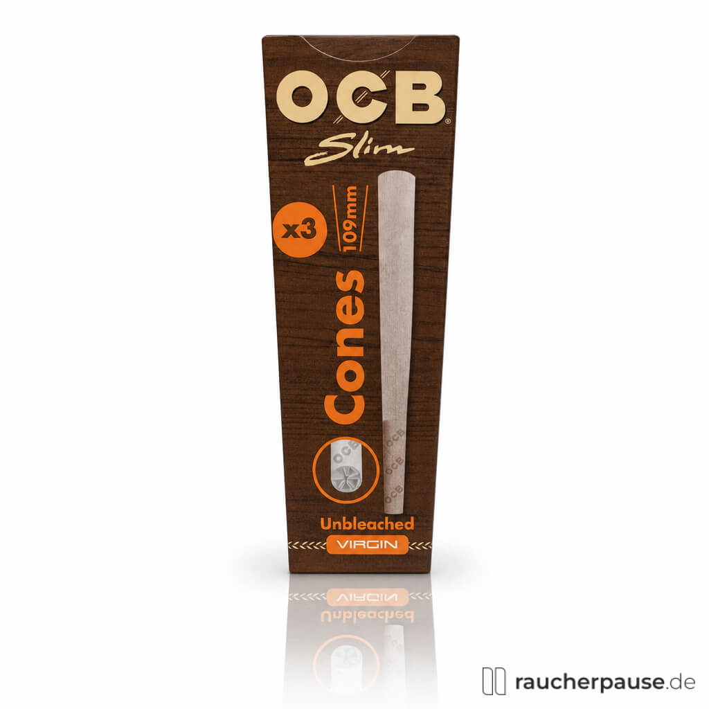 OCB Unbleached Cones, 3 Stück, in stilisierter dunkelbrauner Holzoptik-Box mit goldenem Logo und grauem 'Slim'-Schriftzug, enthaltend drei 109mm lange Virgin Cones in dunkelbraun, gold und orange.
