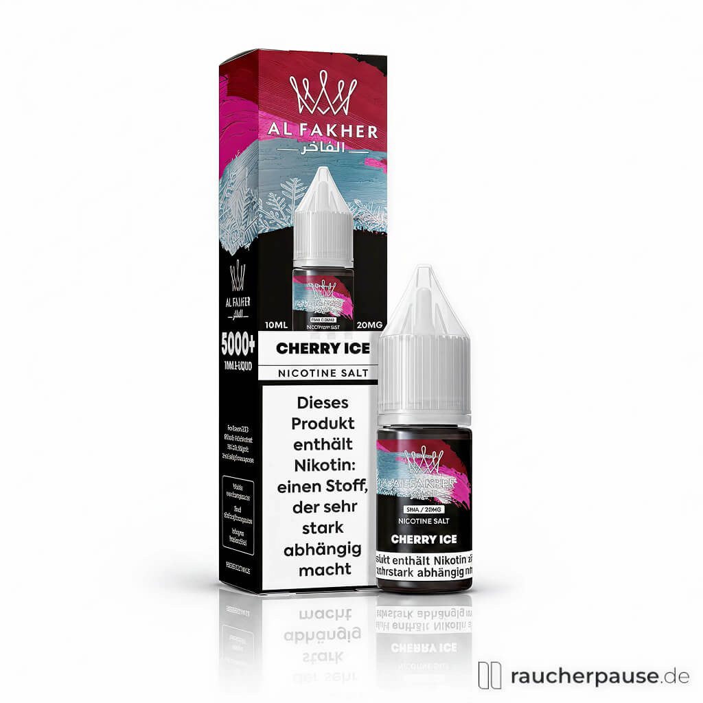 Al Fakher Liquid Cherry Ice, 20 mg/ml Nikotinsalz, 10 ml in schwarzer Dose mit rotem und blauem Muster und silbernem Kronenlogo.