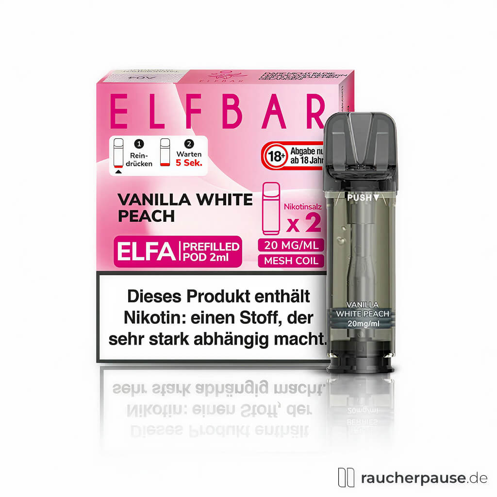 Elfbar ELFA Vanilla White Peach Pods 2er Pack 20 mg/ml Nikotin in pinker quadratischer Box mit rotem ELF BAR Logo und zwei E-Zigarettenpod-Modulen.