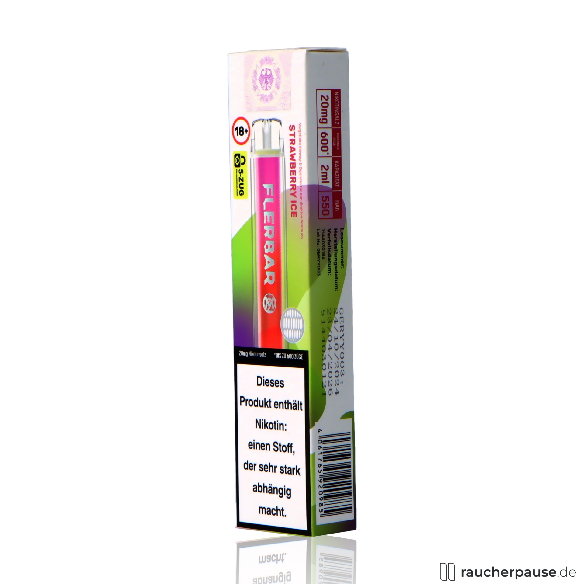 flerbar, flerbar einweg vape strawberry ice zuege ml nikotin erdbeere ice , packshot hinterseite