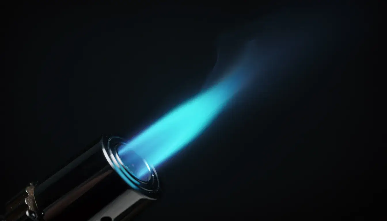 Eine blaue Flamme sticht vor schwarzem Hintergrund aus einem Feuerzeug heraus.