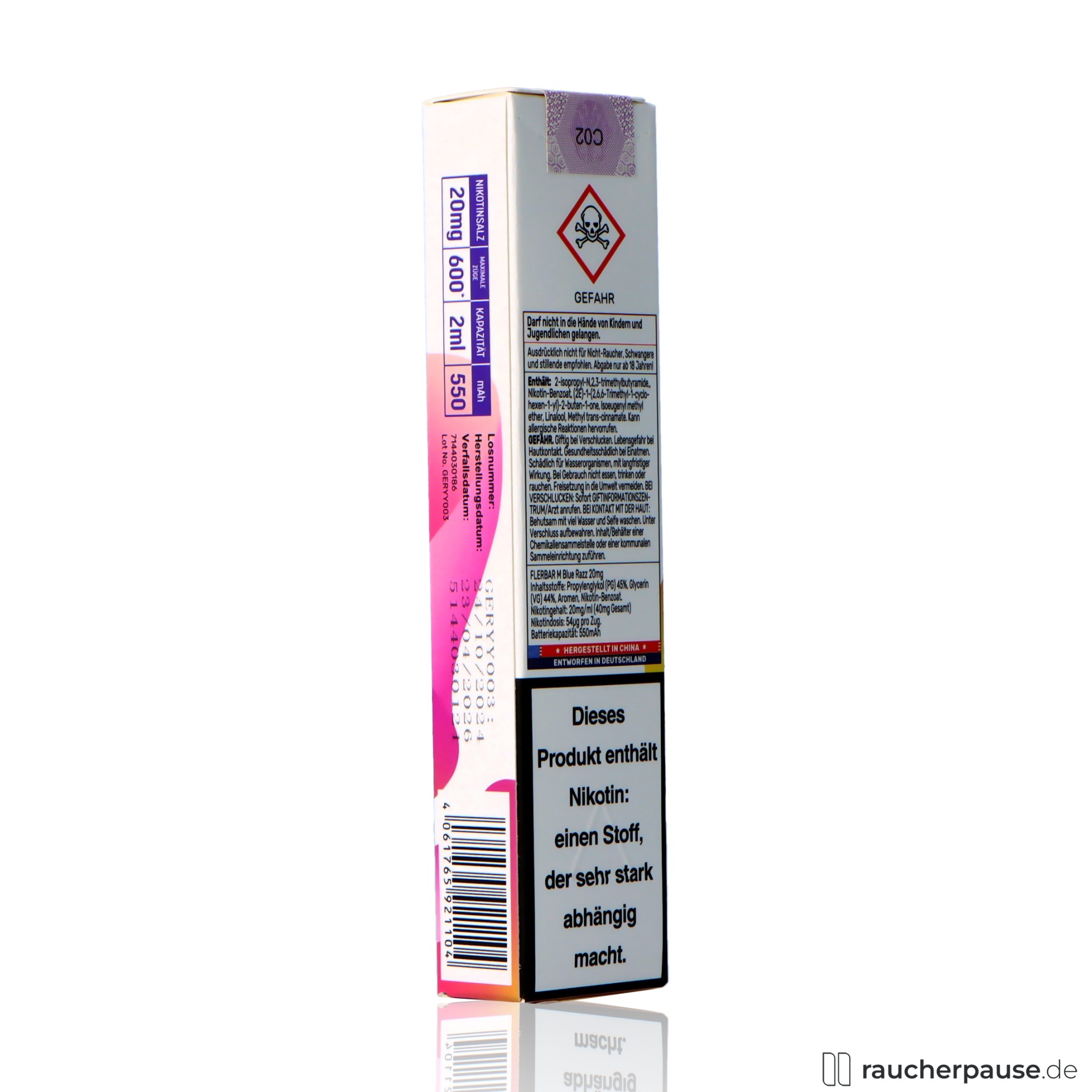 flerbar, flerbar einweg vape blue razz zuege ml nikotin blaue himbeere, packshot seitlich