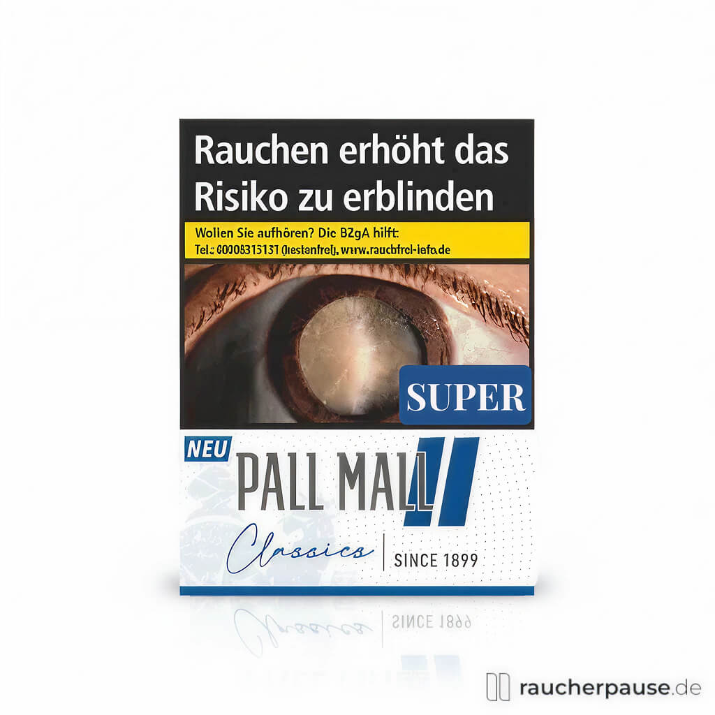 Pall Mall Classics Blue King Size Zigaretten Super Packung mit blau-weißer Verpackung und modernem Logo auf weißem Hintergrund.