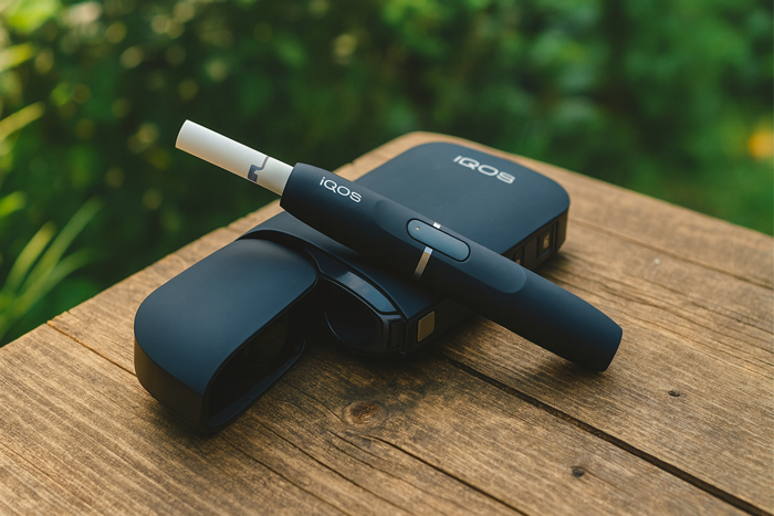 IQOS Tabakerhitzer auf einem Holz Gartentisch
