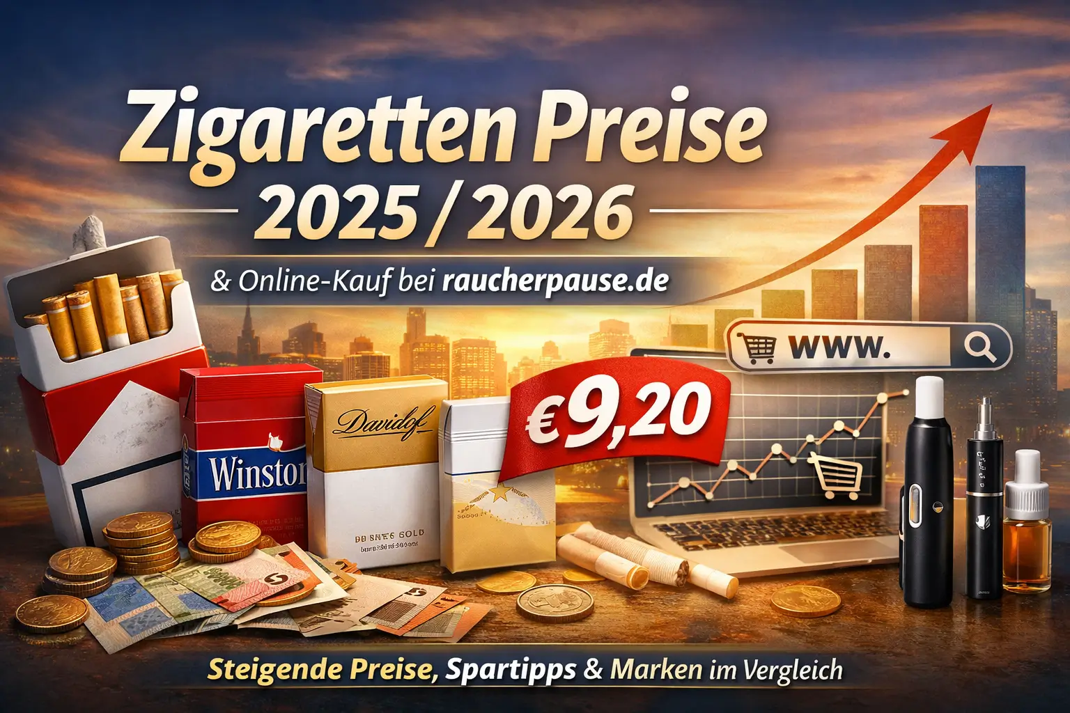 Teaser-Banner zum Blogartikel ‚Zigarettenpreise 2025/2026‘ mit verschiedenen Zigarettenpackungen, Preisgrafik, Euro-Symbolen und Hinweis auf Online-Kauf bei raucherpause.de.