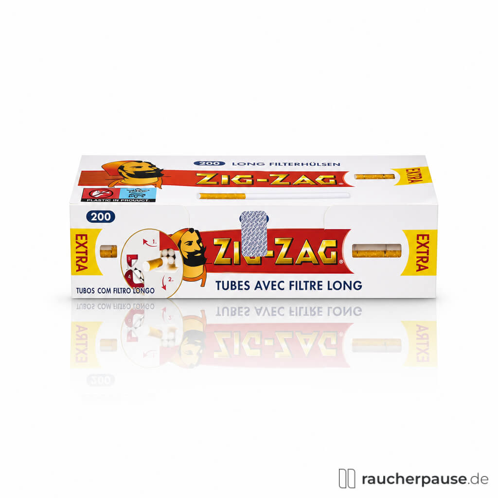 ZIG-ZAG Extra Filterhülsen, 200 Stück, in weiß-roter-gelber Verpackung mit stilisiertem Logo und barttragendem Mann.