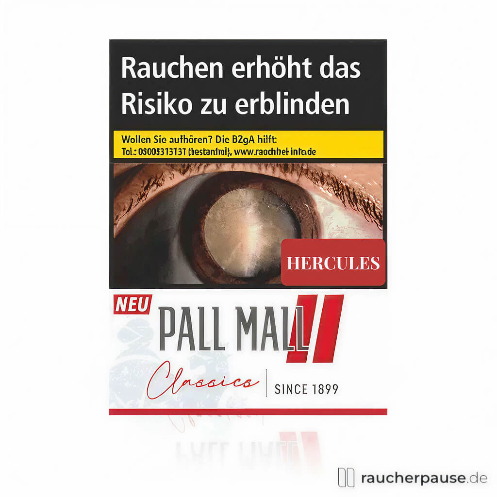 Pall Mall Classics Red Filterzigaretten Hercules, King Size in einer eleganten Dose mit roten, schwarzen und weißen Akzenten und einem stilvollen Logo.