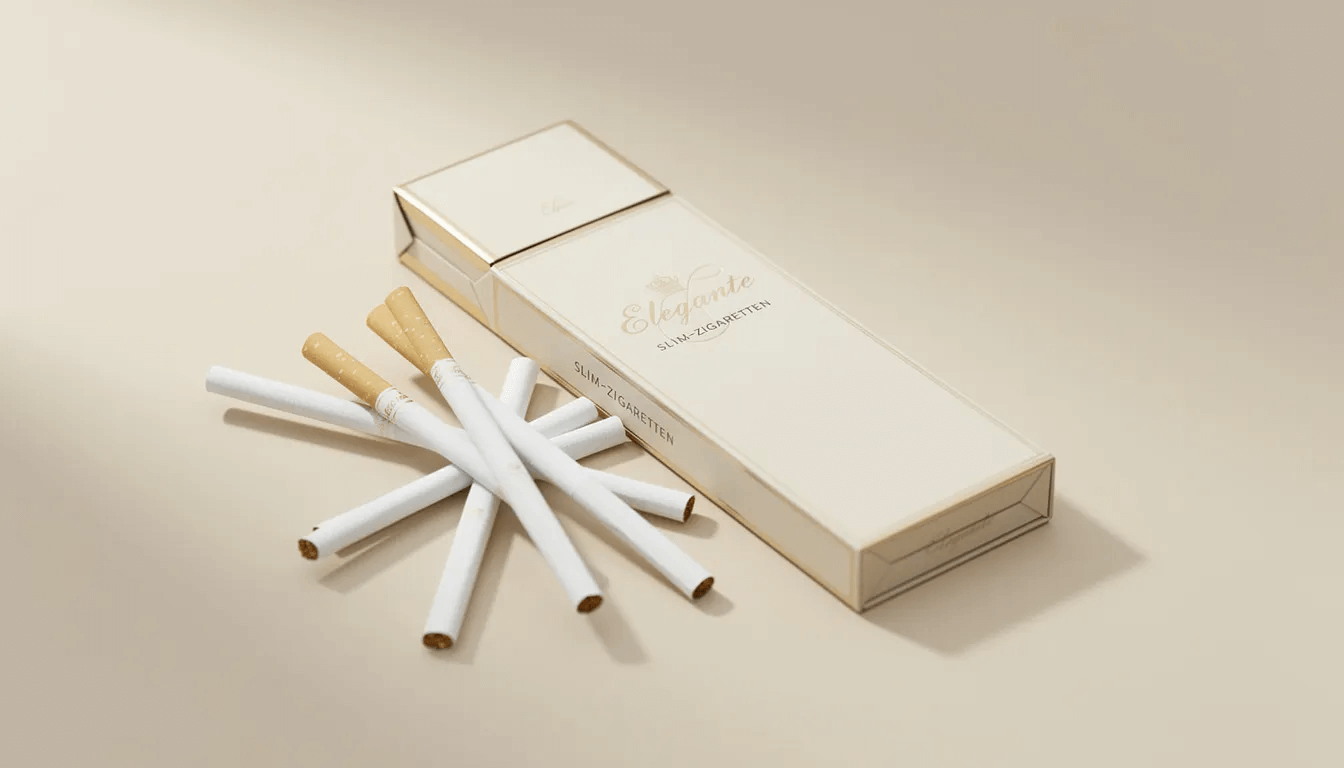 Auf dem hellen Hintergrund sind elegante Slim-Zigaretten in einer edlen Verpackung zu sehen, die eine Auswahl an hochwertigen Tabakprodukten repräsentieren. Diese Zigaretten sind ideal für Kunden, die in einem Online-Shop nach Top-Marken suchen.