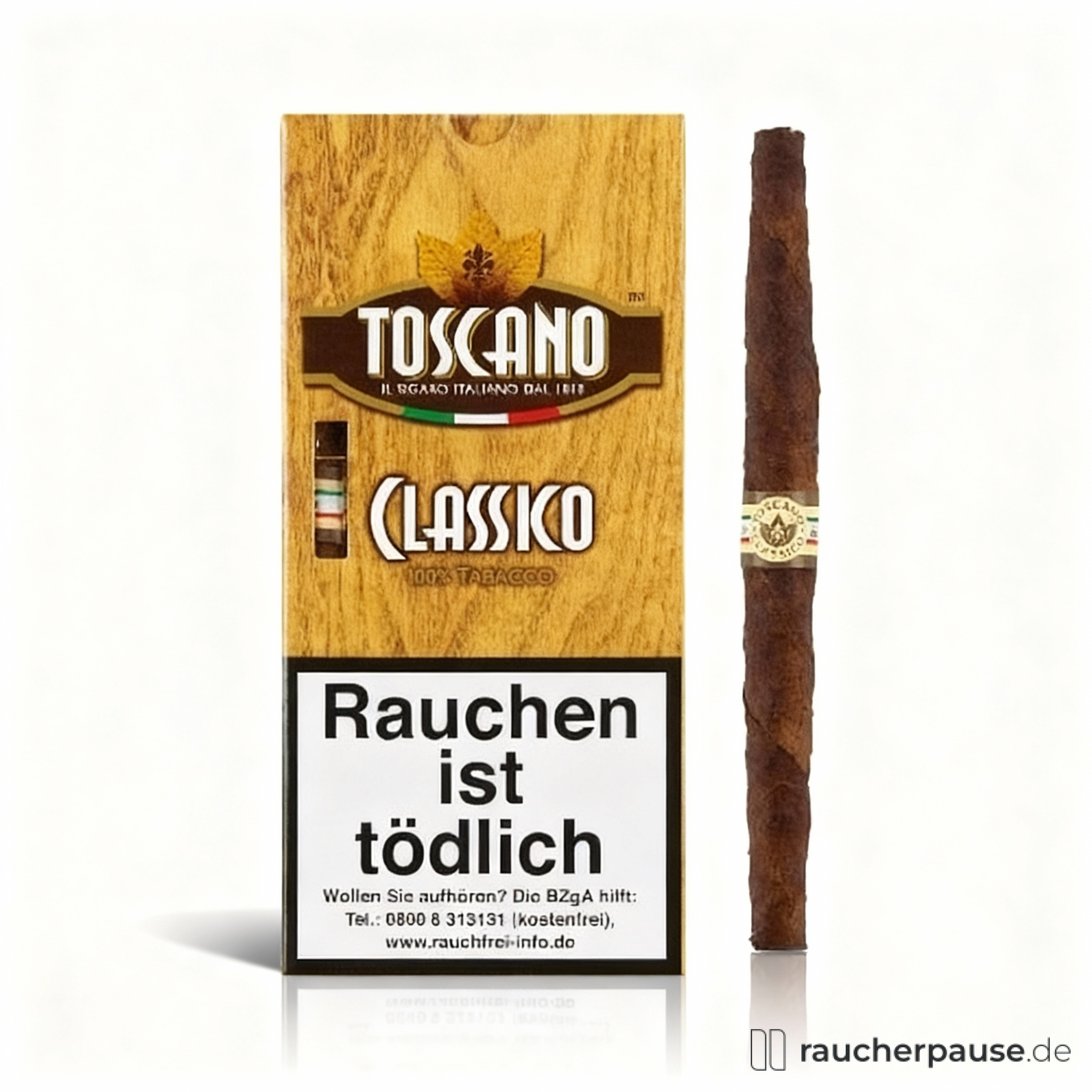 Toscano Toscanelli Classico Cigarillos in brauner und beiger Dose mit Logo und rechteckiger Form auf weißem Hintergrund.