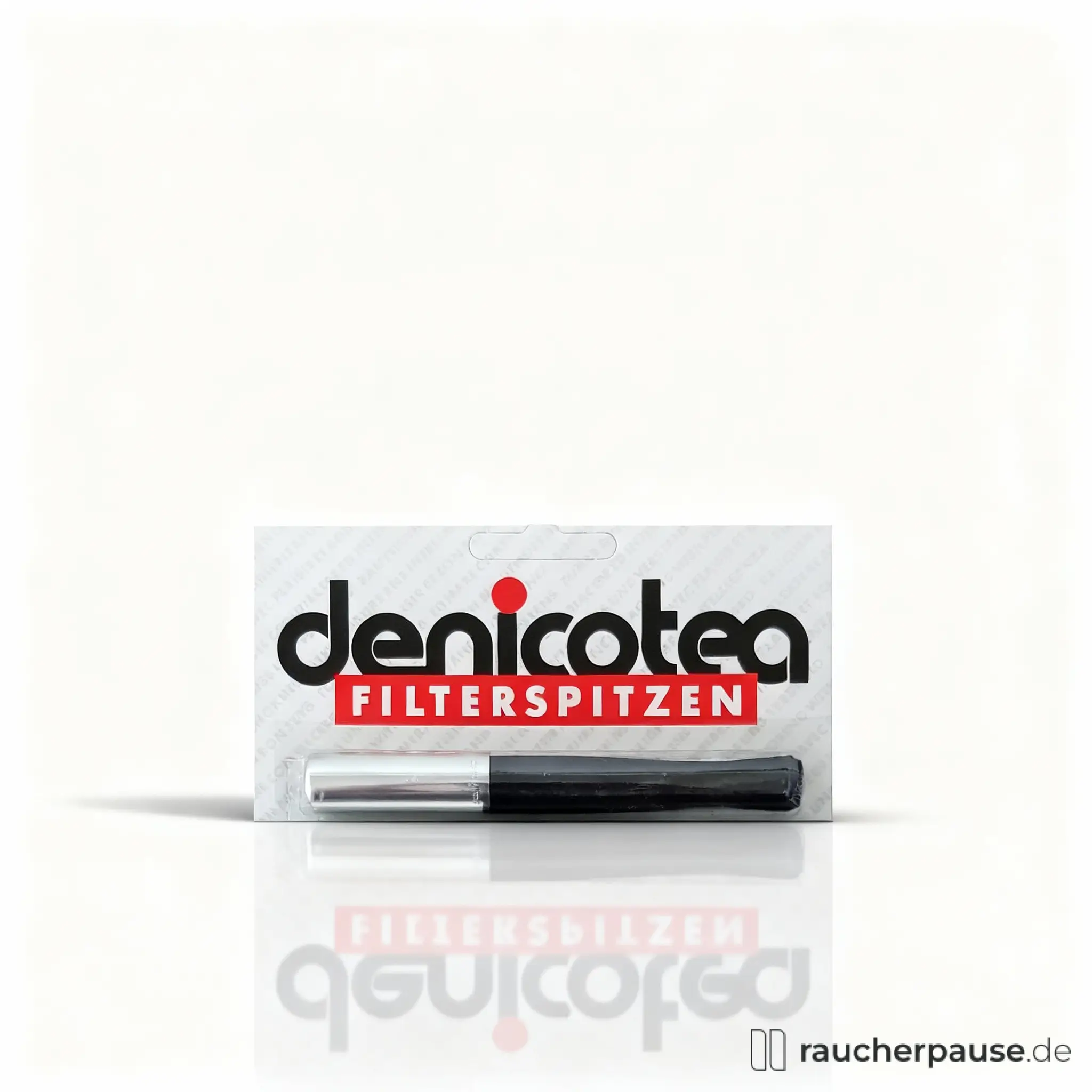 Denicotea Automatic No. 250 Zigarettenspitze in weißer Schachtel mit schwarzm und rotem Logo und kleinen Schriftzügen im Hintergrund.