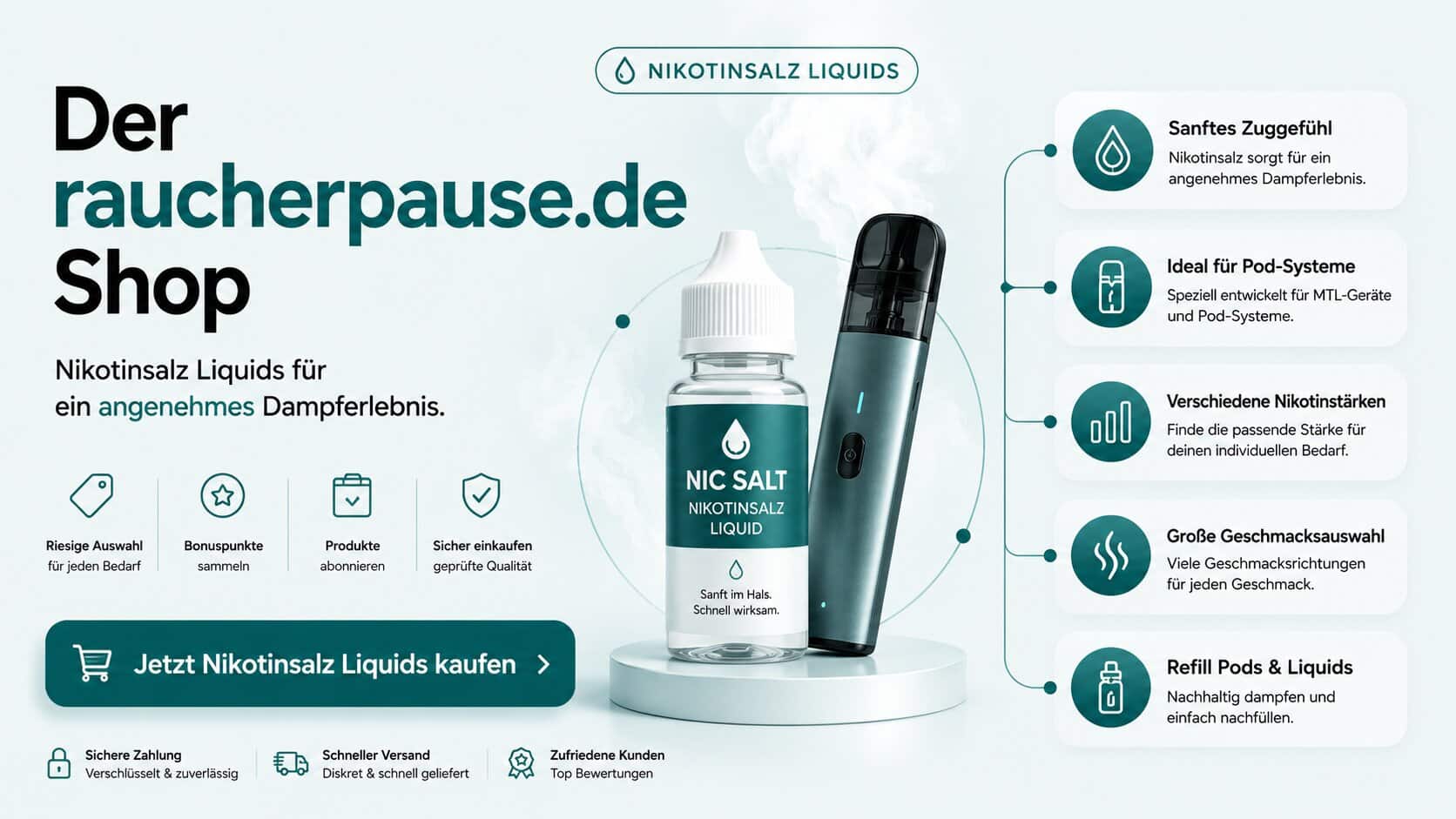 Nikotinsalz Liquids bei raucherpause.de mit Pod-System, verschiedenen Nikotinstärken und großer Geschmacksauswahl