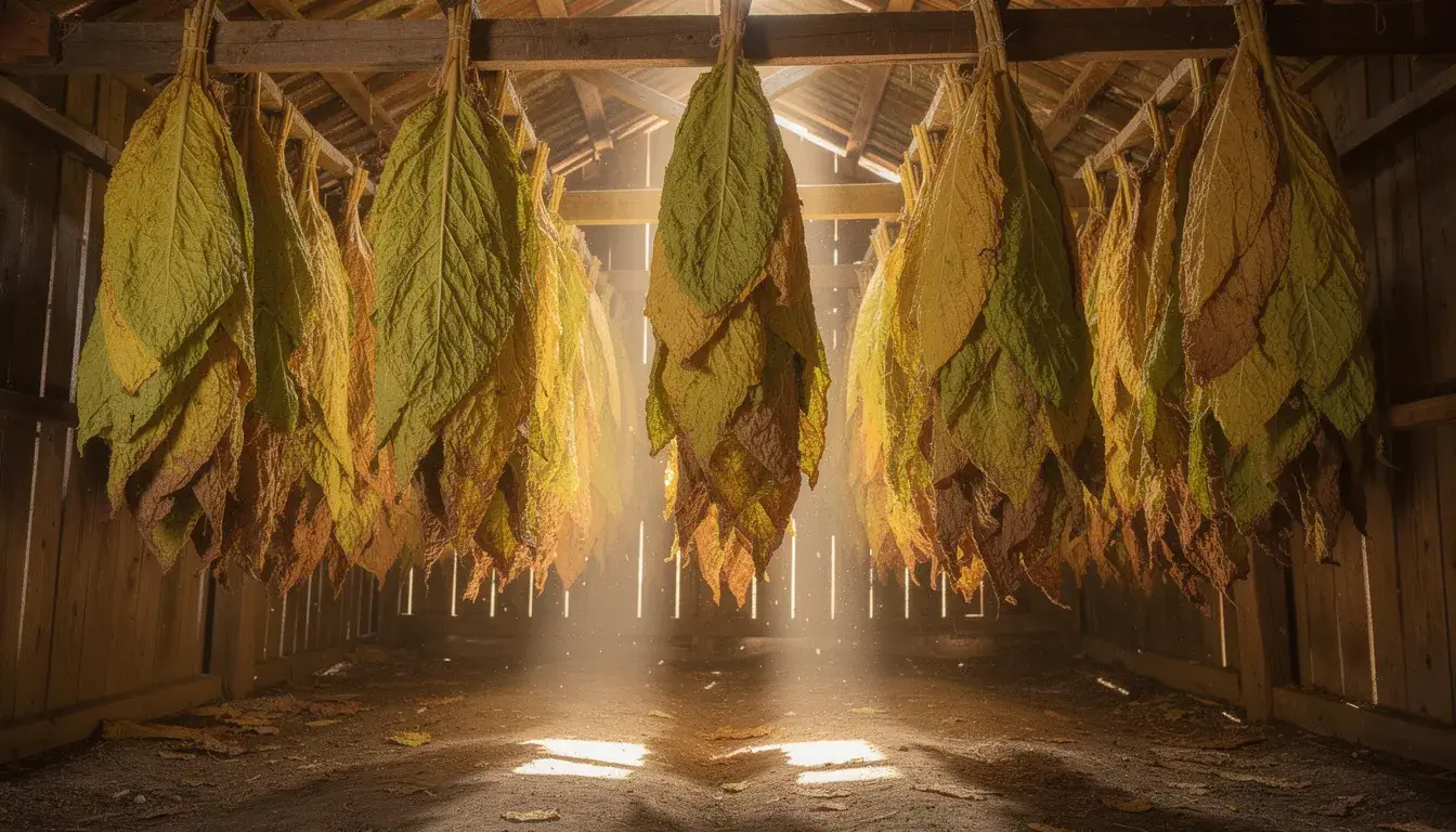 In der traditionellen Scheune hängen frische Tabakblätter zum Trocknen, um die optimale Qualität für die Herstellung von Drehtabak zu gewährleisten.