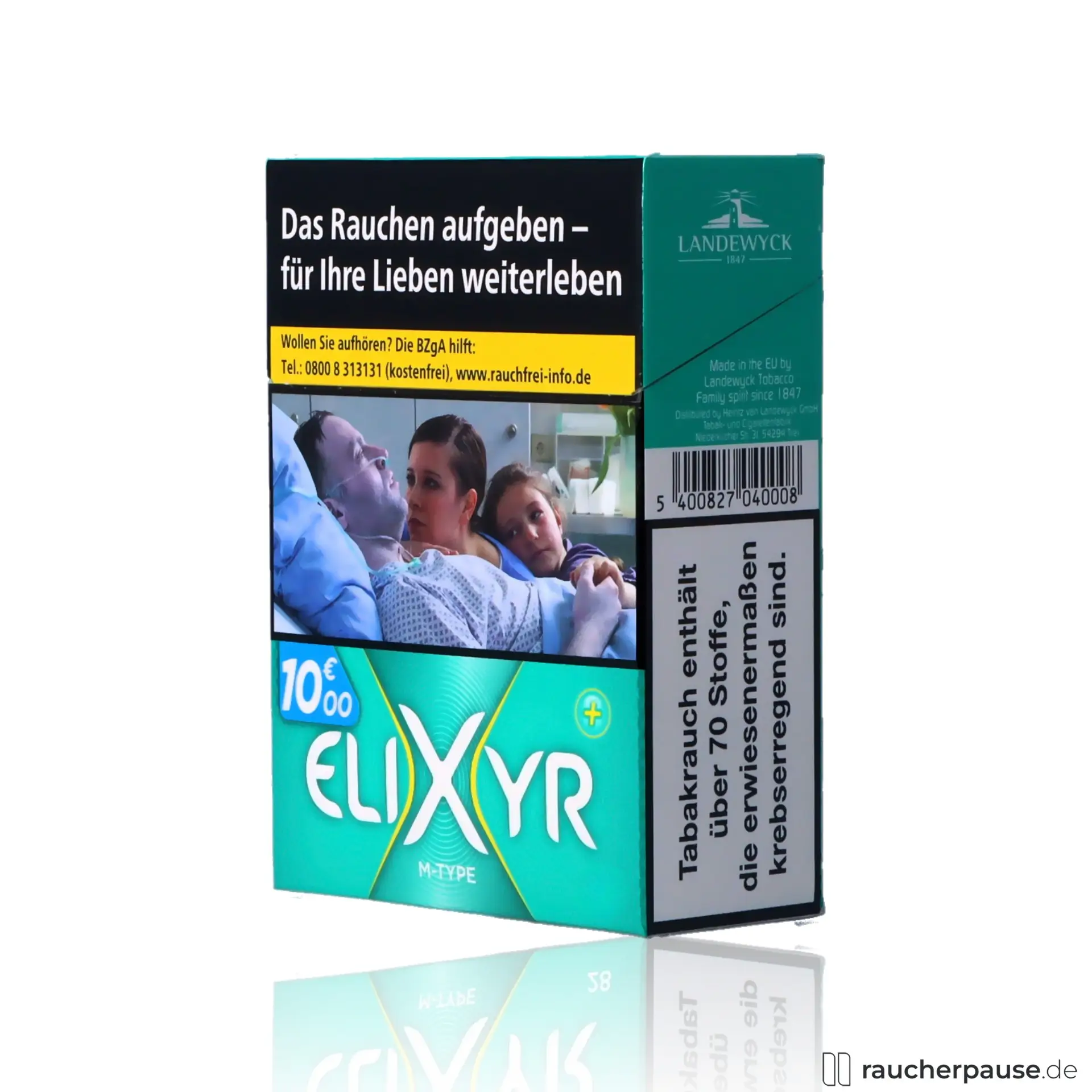 Elixyr Plus M-Type Zigaretten mit 27 Stück pro Packung und Flow Filter für ein individuelles Raucherlebnis, dargestellt in einer offenen Schachtel mit sichtbaren Zigaretten.