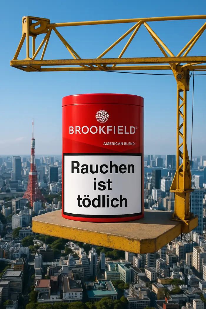 Brookfield American Blend Zigarettentabakdose auf einem Baukran mit der Aufschrift „Rauchen ist tödlich“, im Hintergrund die Stadtansicht mit dem Tokyo Tower.