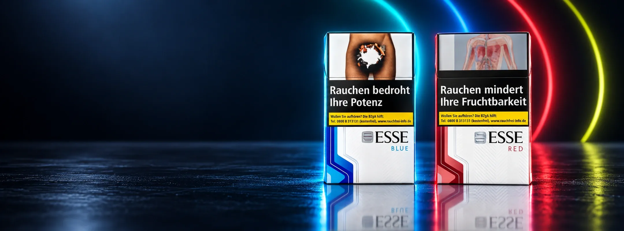 Esse Blue und Esse Red Superslim Zigaretten vor einem Neon-Hintergrund