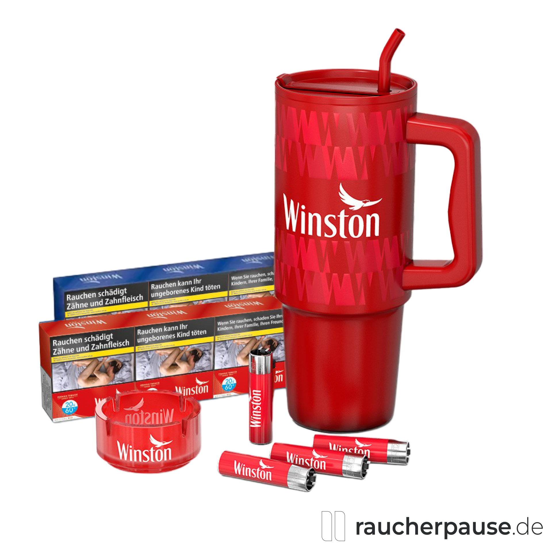 💥AKTION💥 WINSTON Red/Blue Zigaretten Bundle mit Zubehör – 6x60 Stück + Aschenbecher, 4 Feuerzeuge & Trinkbecher XXL