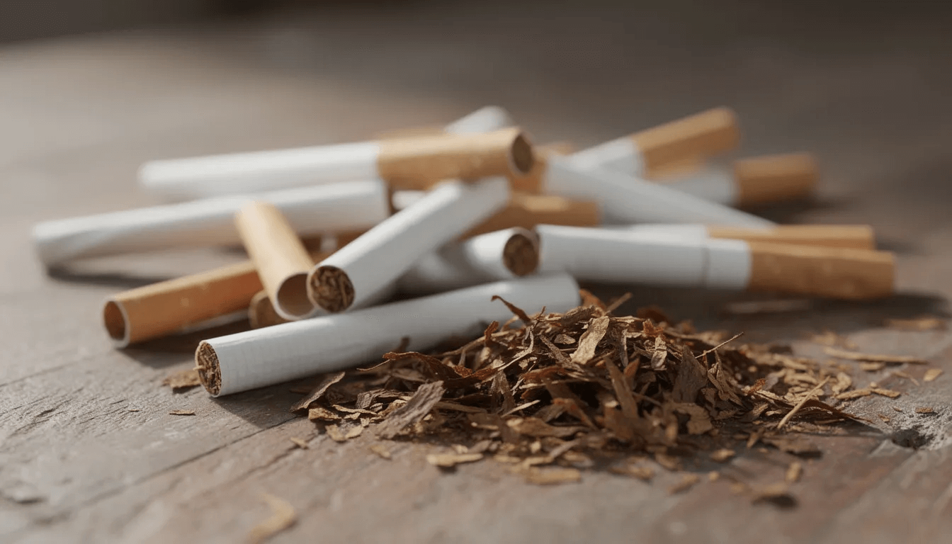 Auf einem Holztisch sind verschiedene Zigarettenhülsen und loser Tabak angeordnet. Die Auswahl umfasst unterschiedliche Größen und Ausführungen, die für Raucher eine Vielzahl an Möglichkeiten bieten, um ihr individuelles Raucherlebnis zu gestalten.