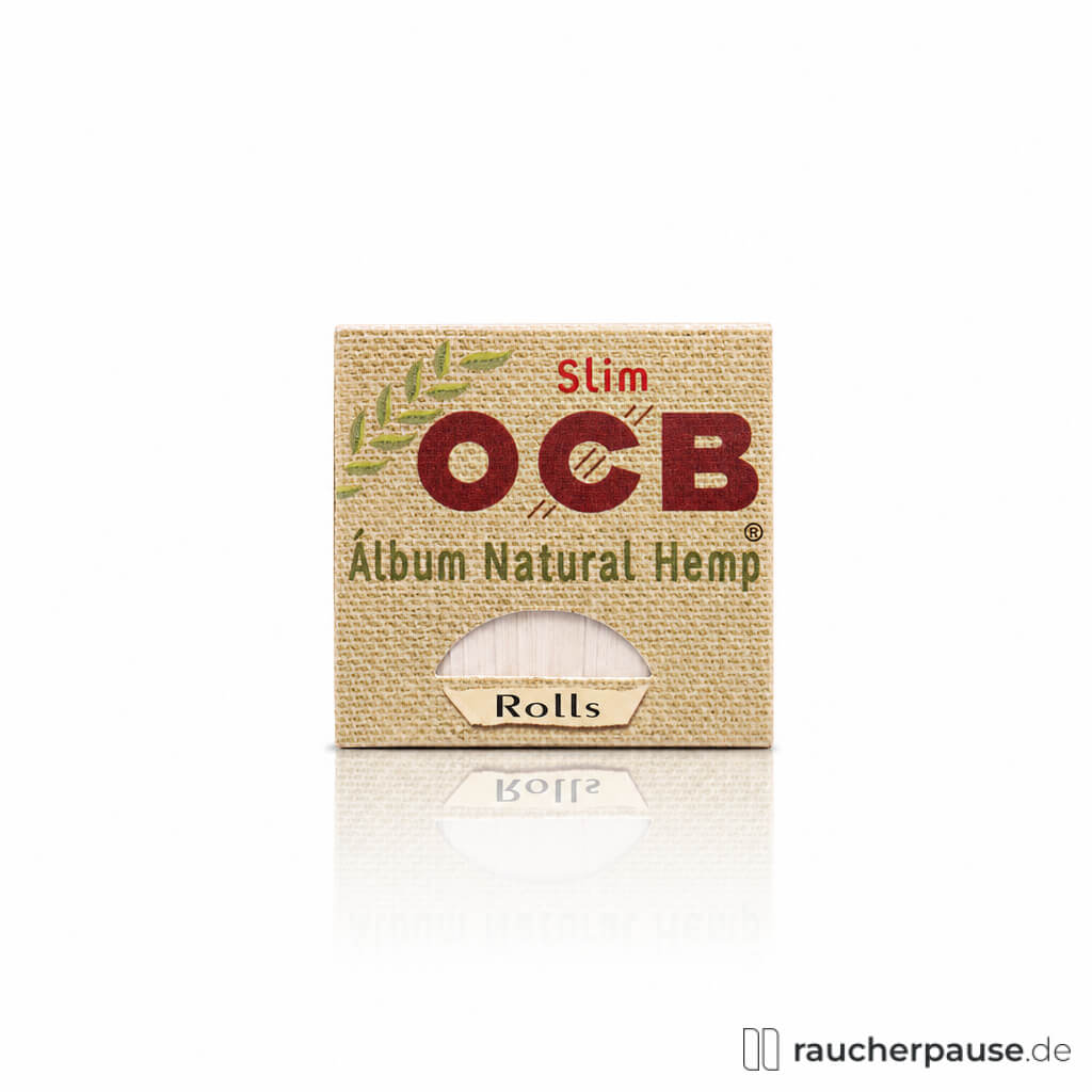 OCB Organic Hemp Rolls Drehpapier in quadratischer, brauner Box mit rotem Logo und grünem Schriftzug 'Natural Hemp' sowie separatem 'Rolls'-Rechteck.