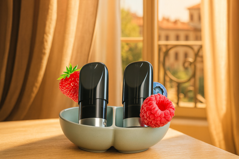 blu 2.0 Vapes in einer Schale mit Früchten (Erdbeer und Himbeer) im Hintergrund ist ein italienischer Balkon mit Vorhang