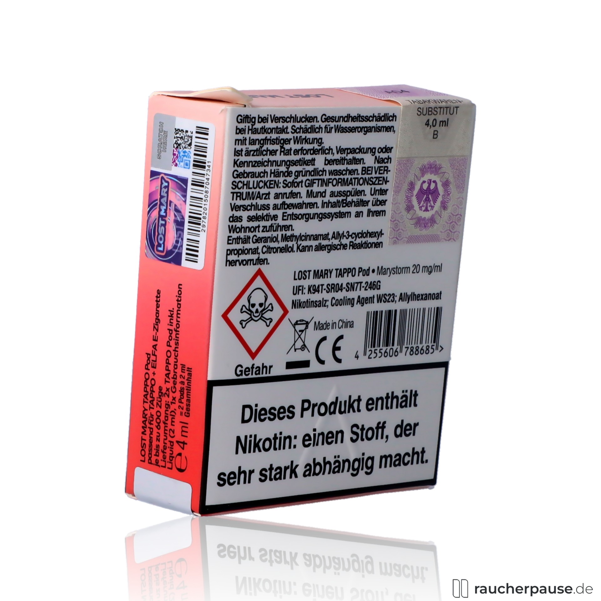 lost mary, lost mary tappo marystorm prefilled pods energydrink aroma nikotinsalz quaqu mesh coil , packshot hinterseite