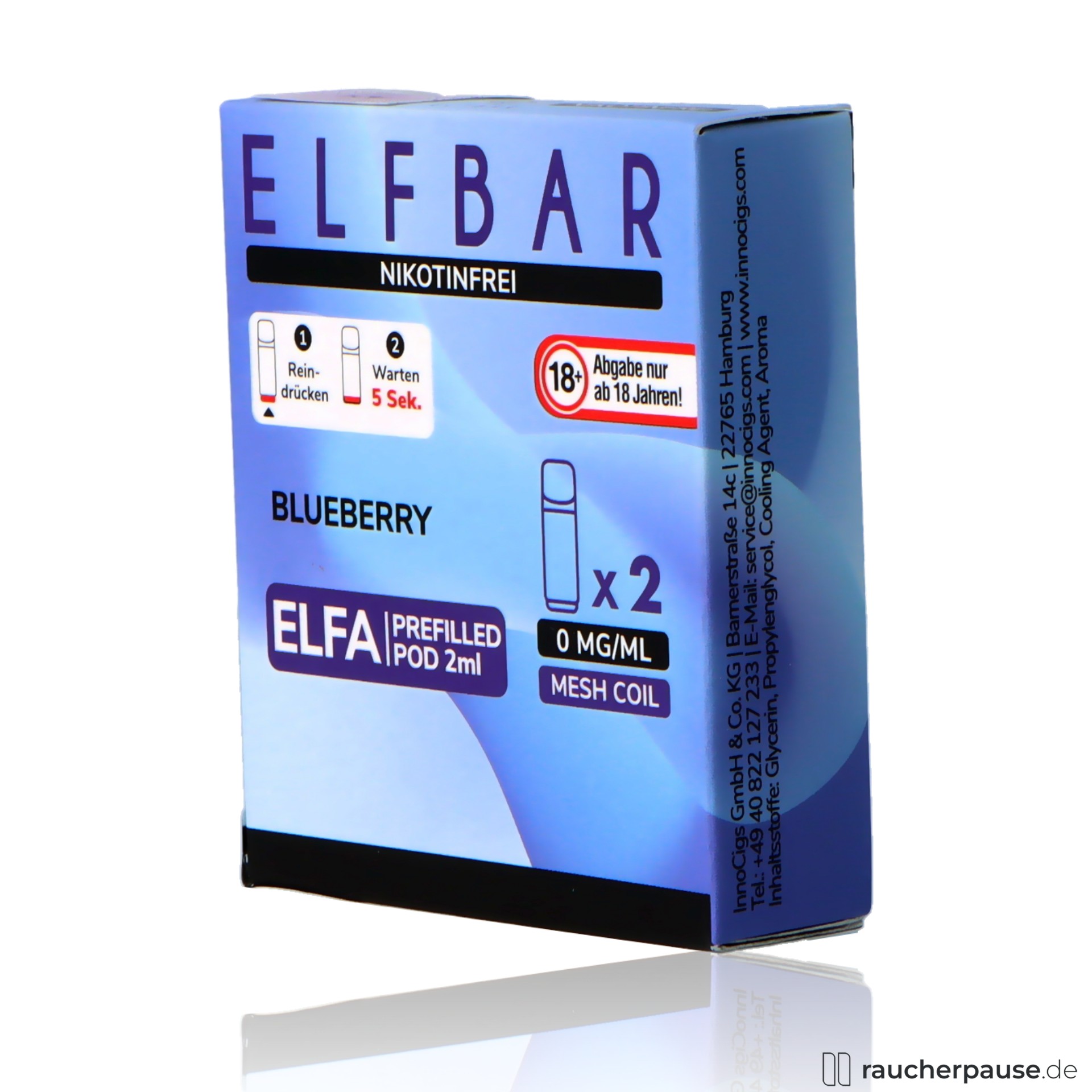 elfbar, elf bar elfa prefilled pods blueberry nikotinfrei, packshot seitlich