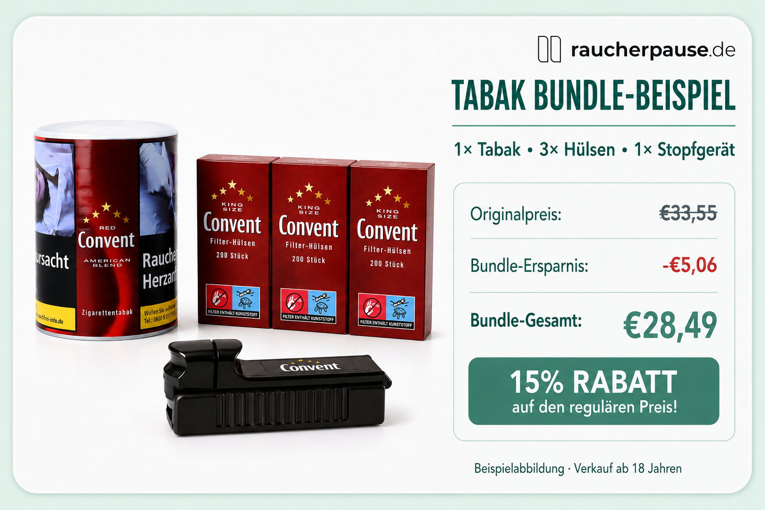 Tabak Bundle-Beispiel mit Convent Tabak, drei Convent Filterhülsen-Packungen und einem Stopfgerät sowie Preisübersicht