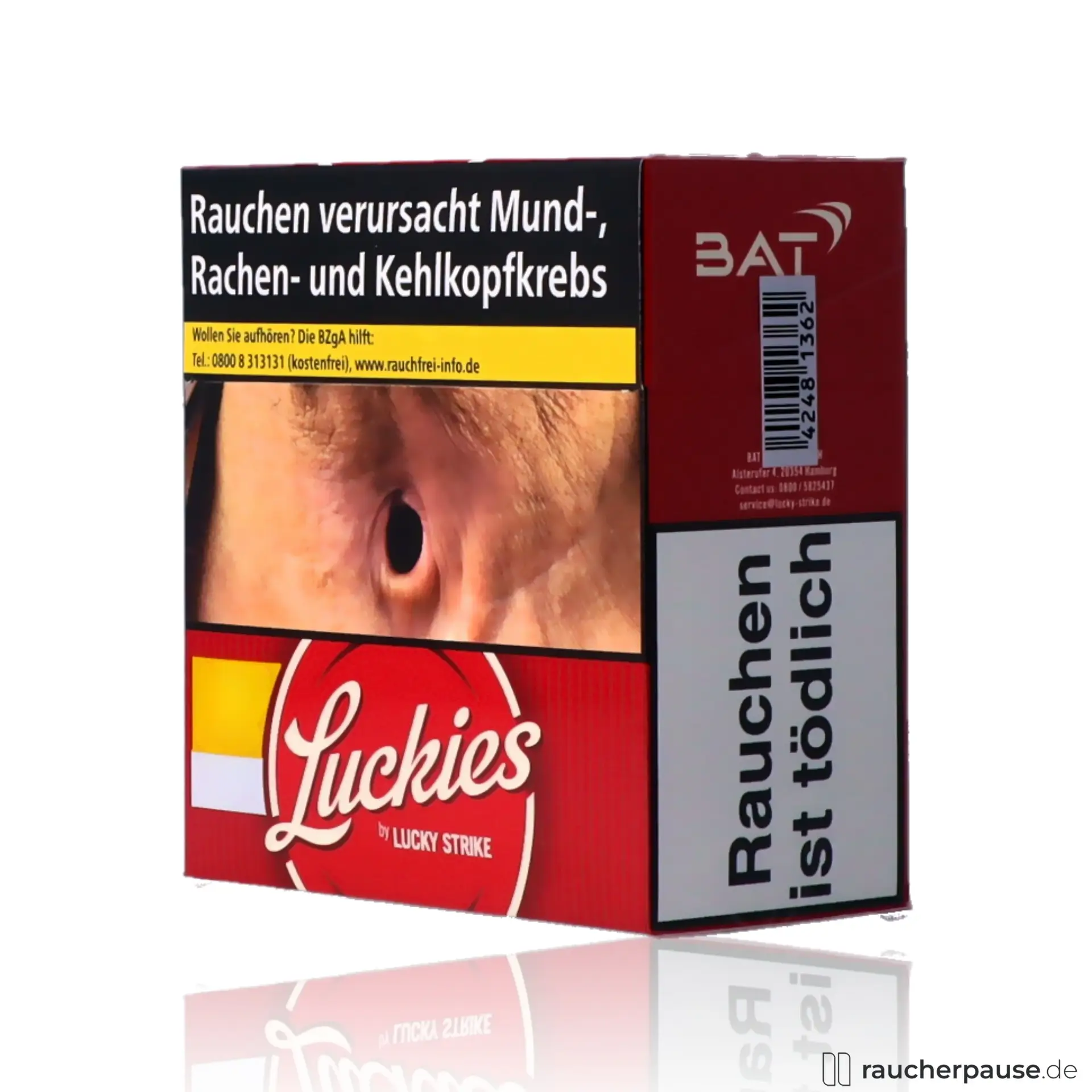 Die Luckies Crafted 1871 Red Hercules Zigaretten, 58 Stk. pro Packung, American Blend, in einer auffälligen roten und gelben Dose mit stilisiertem Schriftzug 'Luckies by Lucky Strike' und modernem, minimalistischem Design.