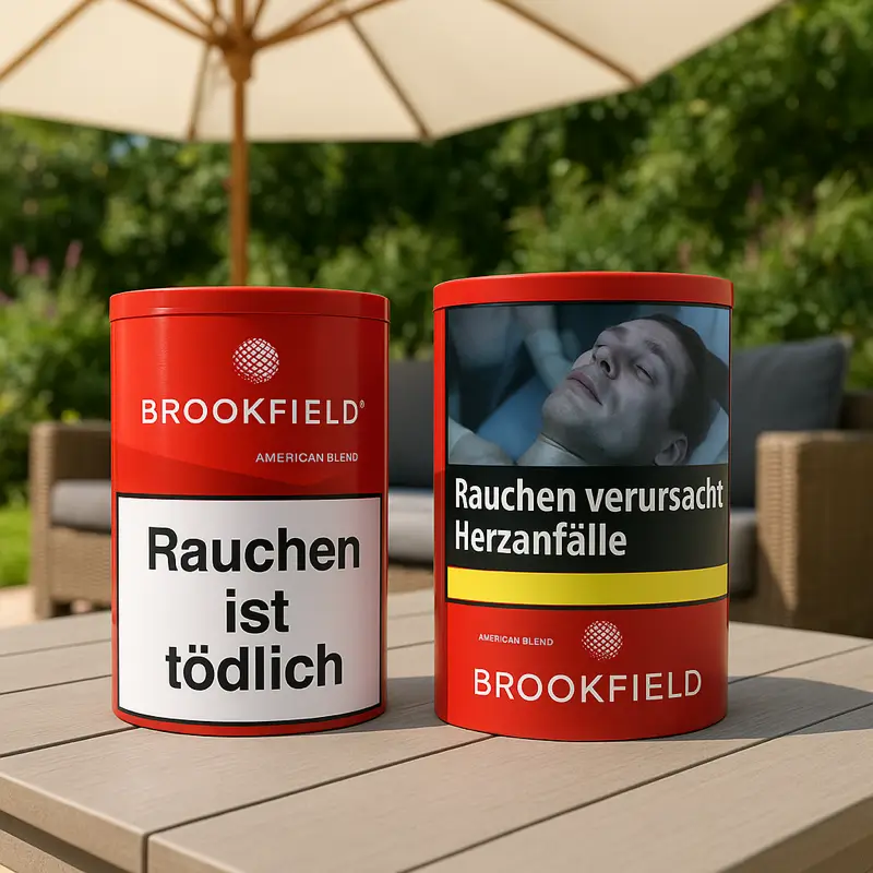 Brookfield Tabakdosen mit Warnhinweisen „Rauchen ist tödlich“ und „Rauchen verursacht Herzanfälle“, präsentiert auf einem Tisch im Freien, umgeben von einer gemütlichen Sitzgelegenheit.