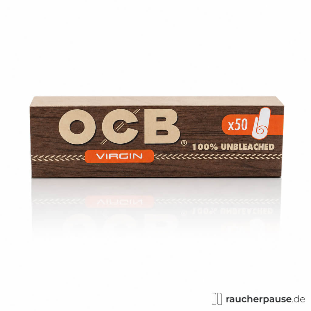 OCB Unbleached Filter Tips, 50 Stück, in einer langen, schmalen braunen Box mit orange und braunem Design und dem Logo 'OCB' sowie der Aufschrift 'Virgin' und '100% Unbleached'.