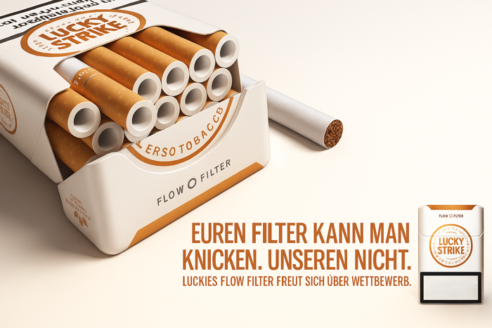 Offene LuckyStrike Packung mit Slogan "Euren Filter kann man knicken. Unseren nicht"