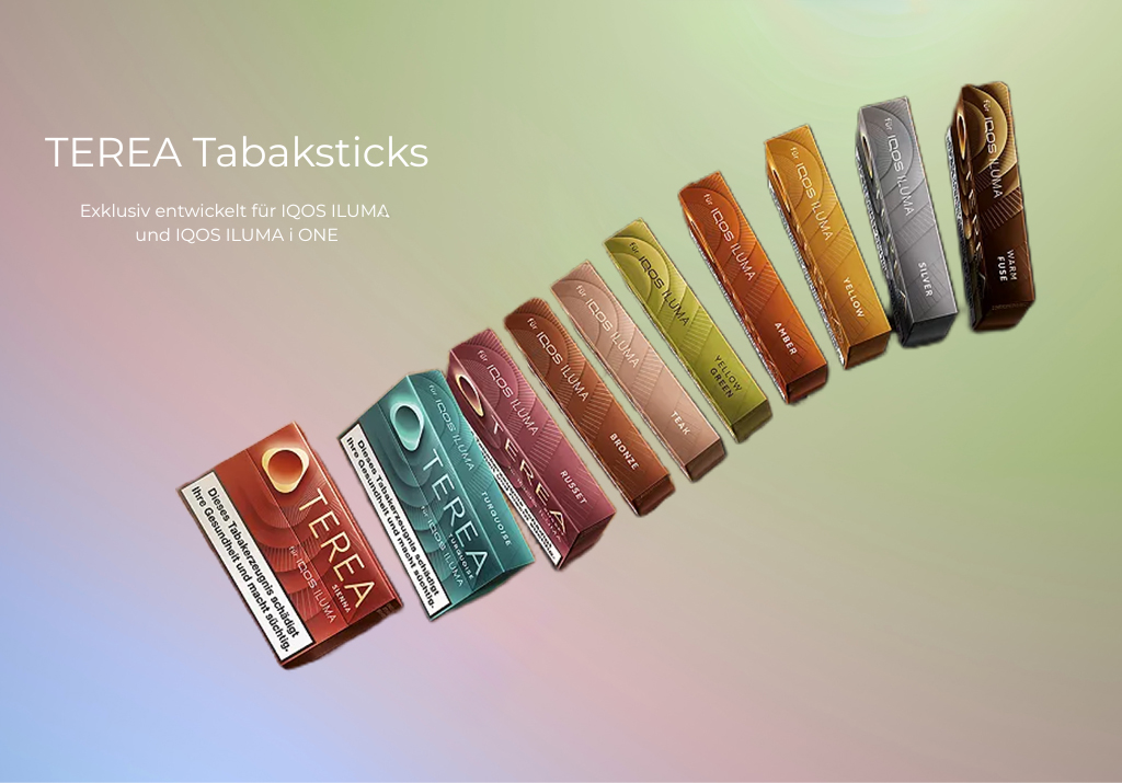 Terea Tabaksticks alle Sorten aufgestellt in einer Reihe vor einem bunten Hintergrund