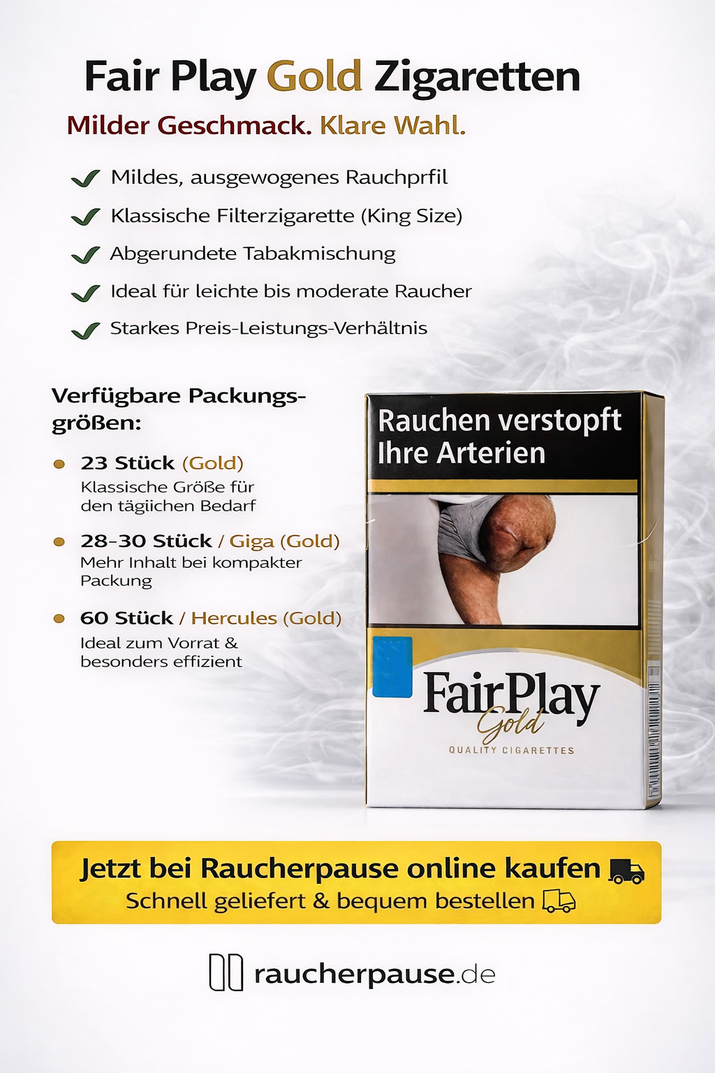 Produktinfografik für Fair Play Gold Zigaretten mit Details zu mildem Geschmack, King Size Filter und verfügbaren Packungsgrößen von 23 bis 60 Stück.
