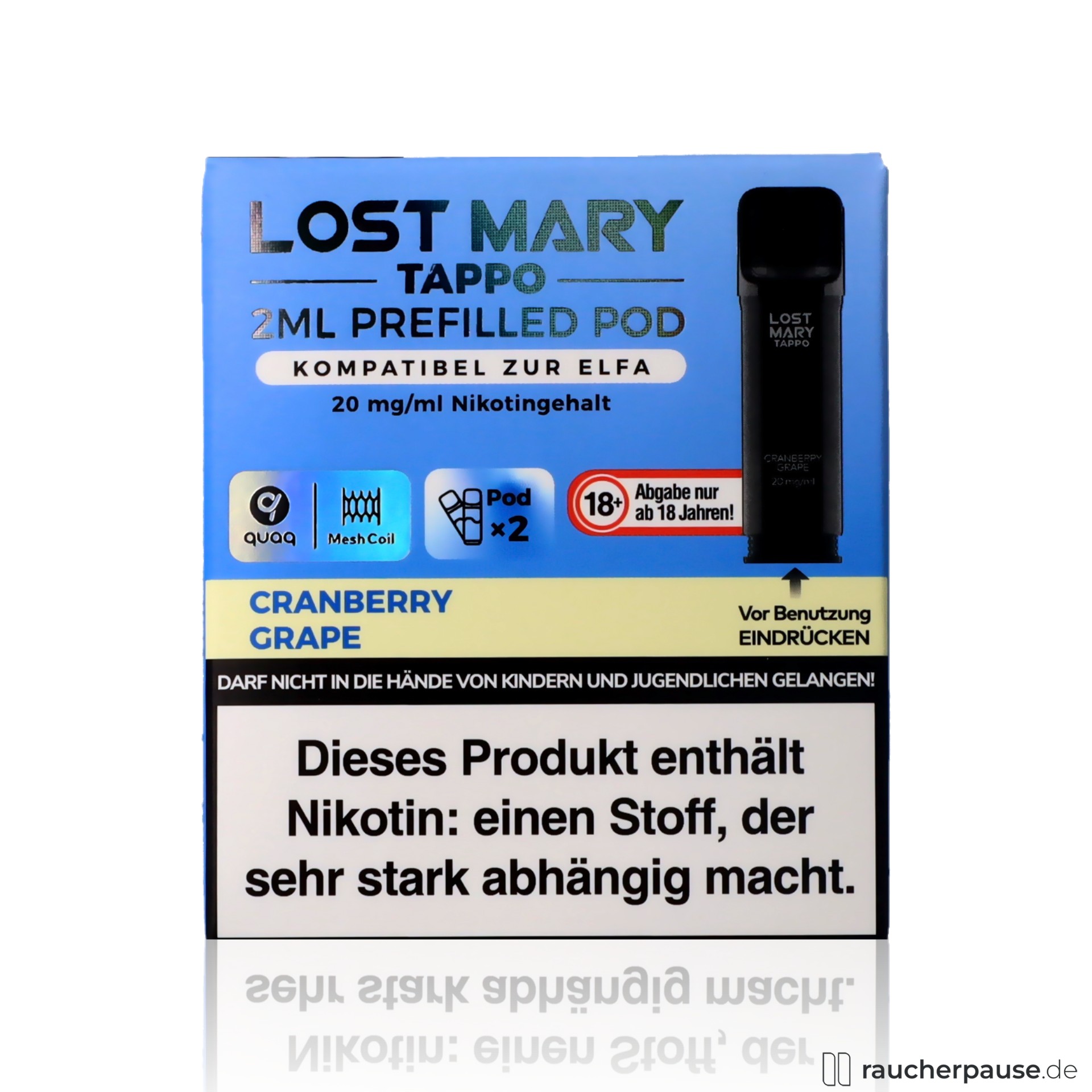 Lost Mary Tappo Pods Cranberry Grape | 20mg Nikotin | 2x2ml vorgefüllt lost mary, lost mary tappo pods cranberry grape nikotin vorgefuellt fruchtig aroma zuege quaq mesh coil kompatibel elfa akkutraeger , packshot vorderseite