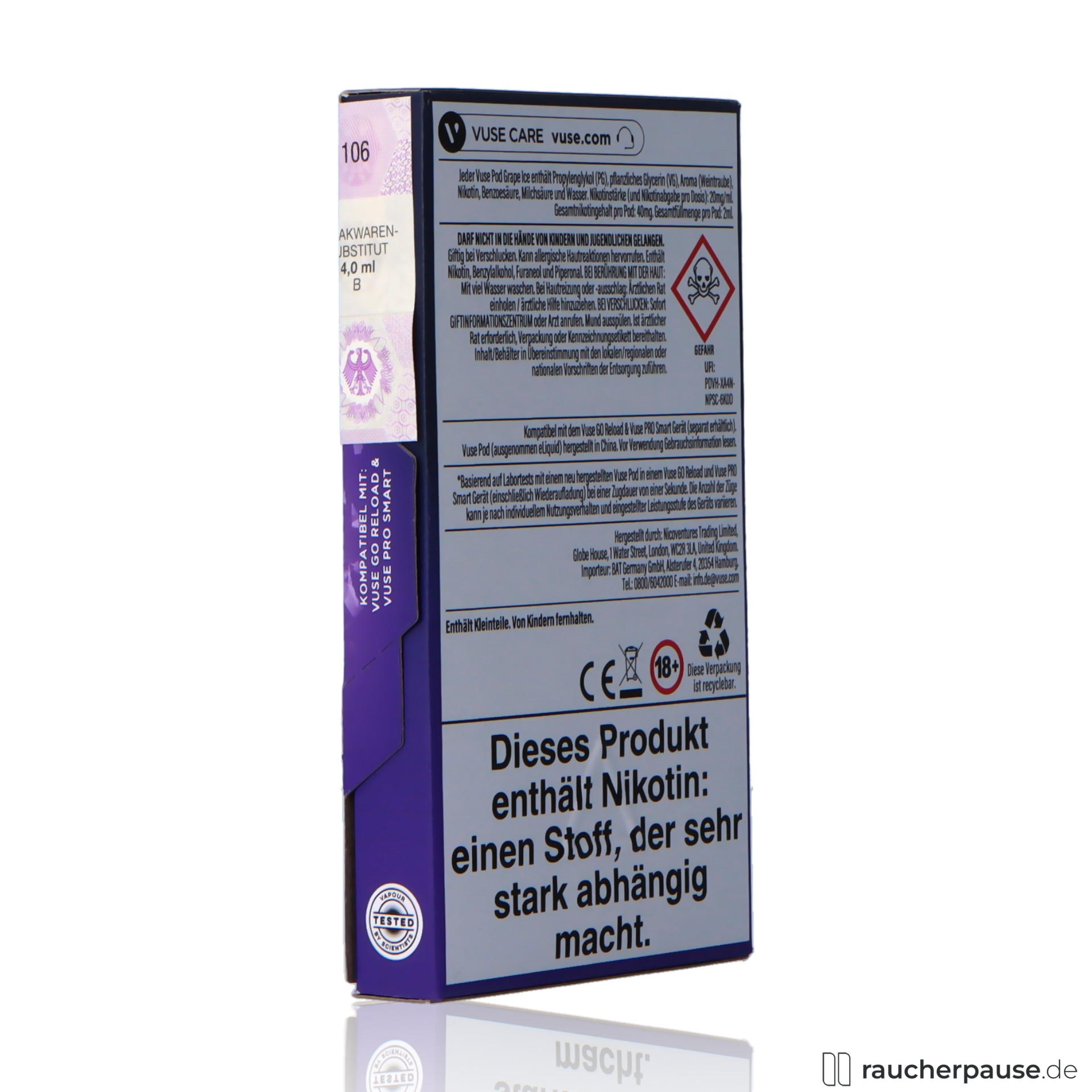 vuse, vuse pods grape ice ml nikotin pods traube ice , packshot seitlich