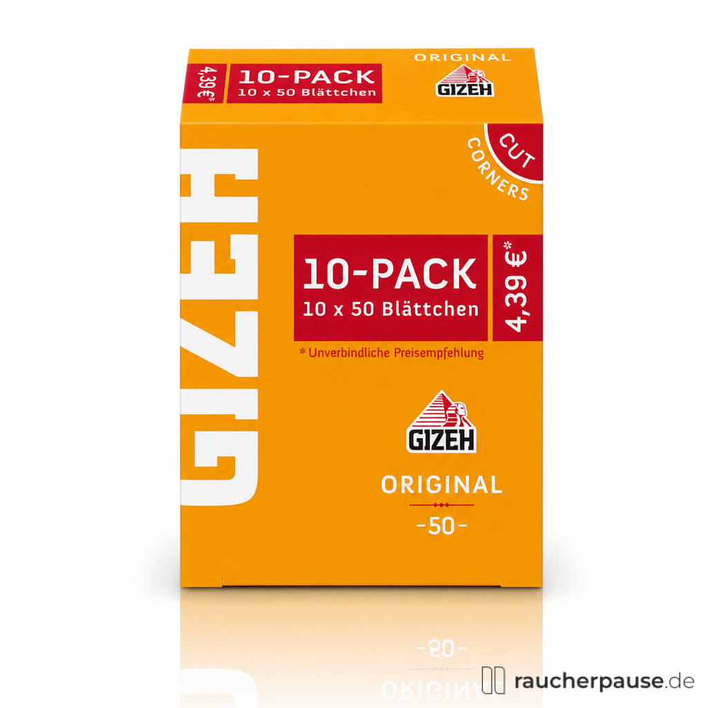 Gizeh Original Zigarettenpapier 10-Pack in orangefarbener Box mit weißem Logo auf orangefarbenem Hintergrund und rotem Feld.