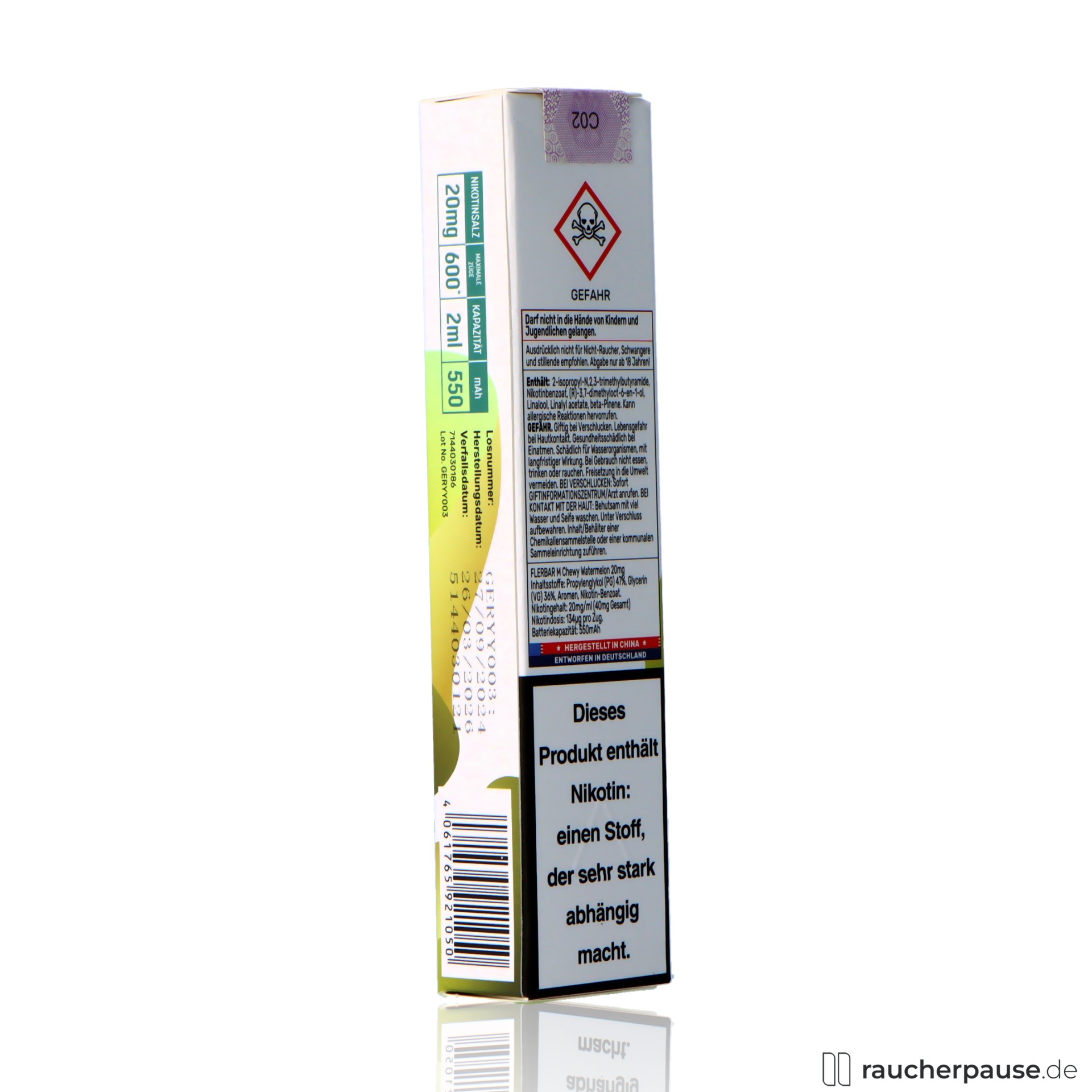 flerbar, flerbar einweg vape chewy watermelon zuege ml nikotin kaugummi wassermelone, packshot seitlich