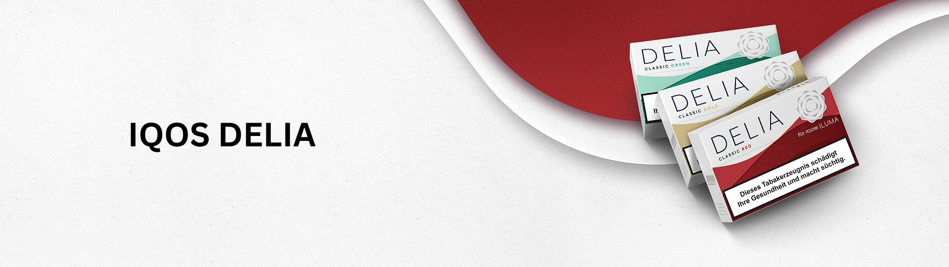 Alle 3 Sorten von IQOS DELIA, Verpackungen Grün,Gold und Rot mit Logo