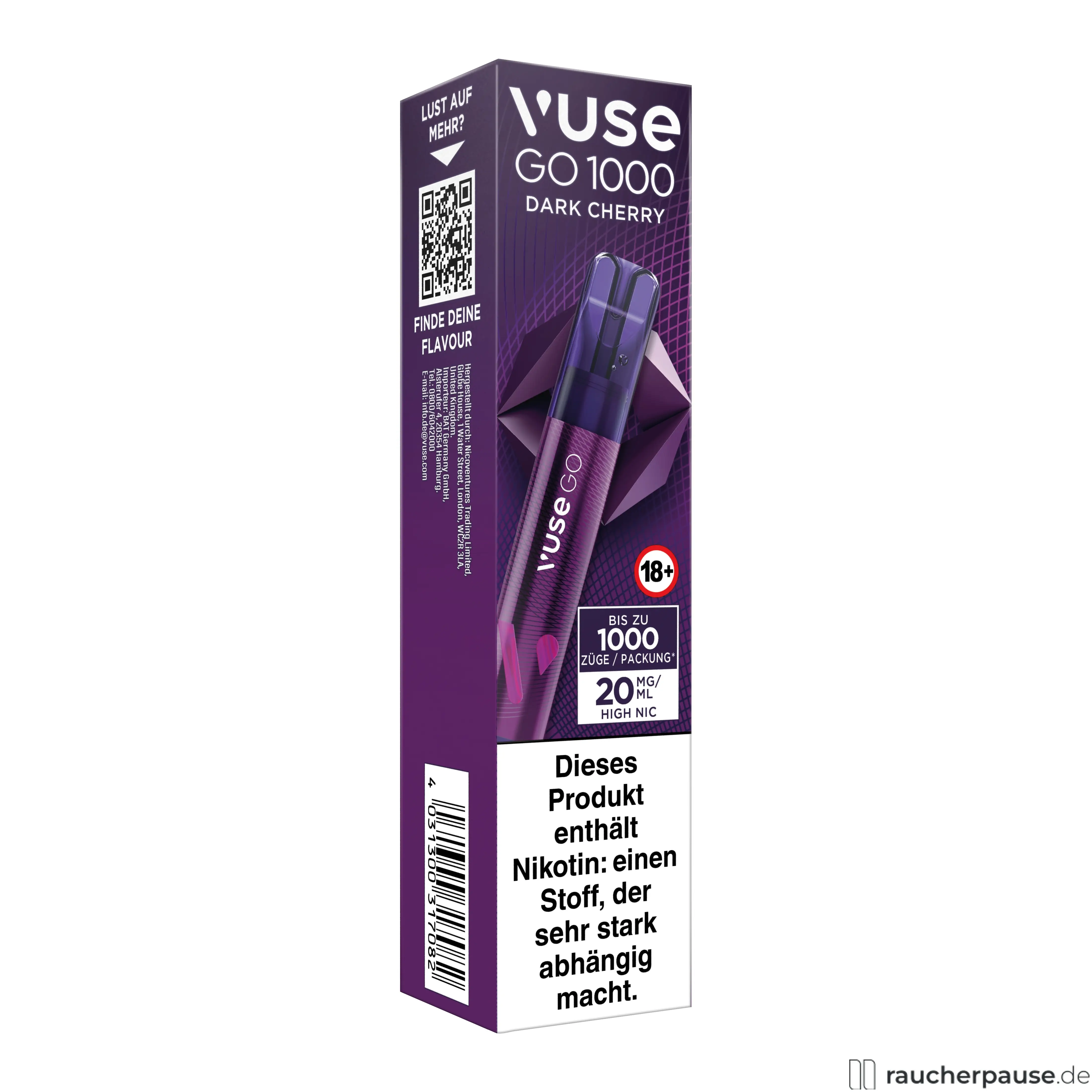 Vuse GO 1000 E-Shisha in lila-weißer Verpackung mit modernem Design und prominentem VUSE-Logo, Geschmack Dark Cherry, 20mg Nikotin, 1000 Züge, 2ml Liquid.