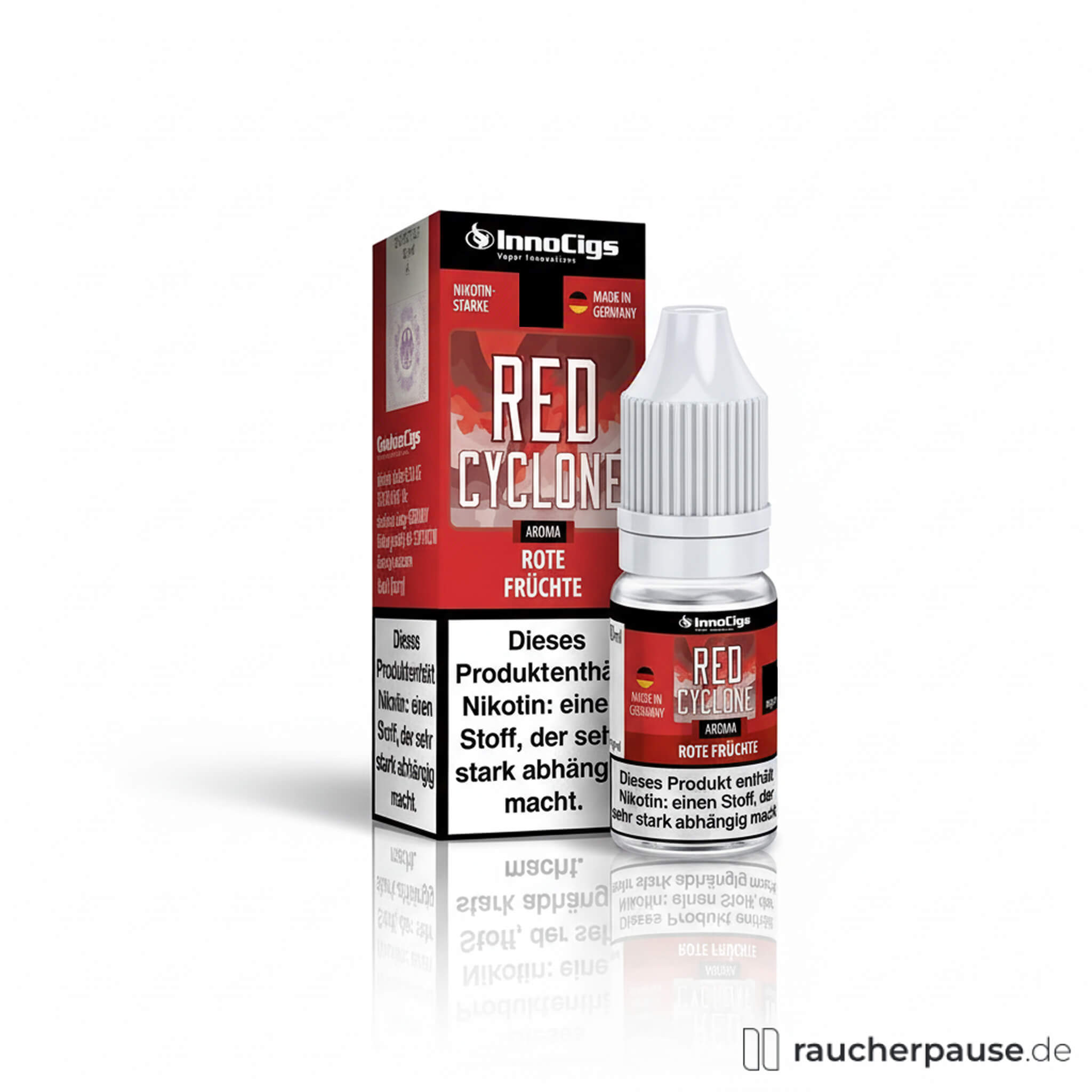 InnoCigs Red Cyclone E-Liquid 10ml mit roten Beeren-Design auf dem Fläschchen, 9mg Nikotin für E-Zigarette und Clearomizer.