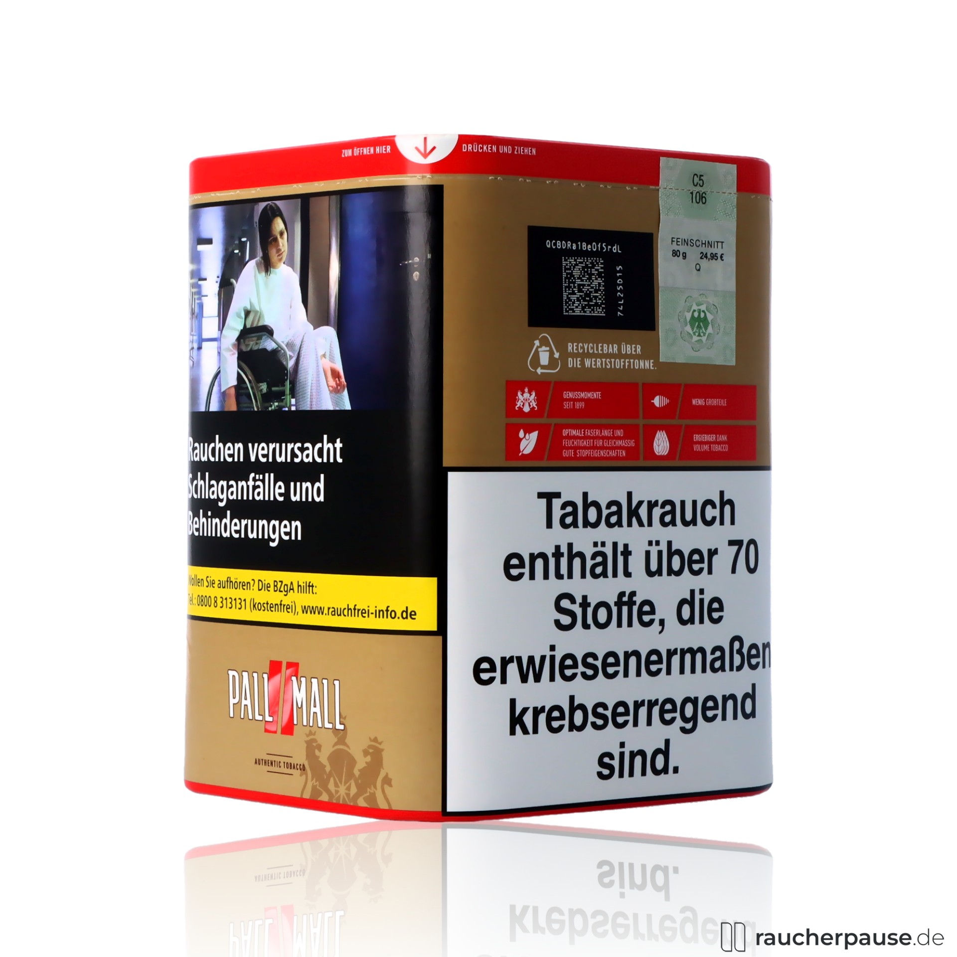 pall mall authentic red xxl volumentabak 80g dose ohne aromazusaetze , packshot hinterseite