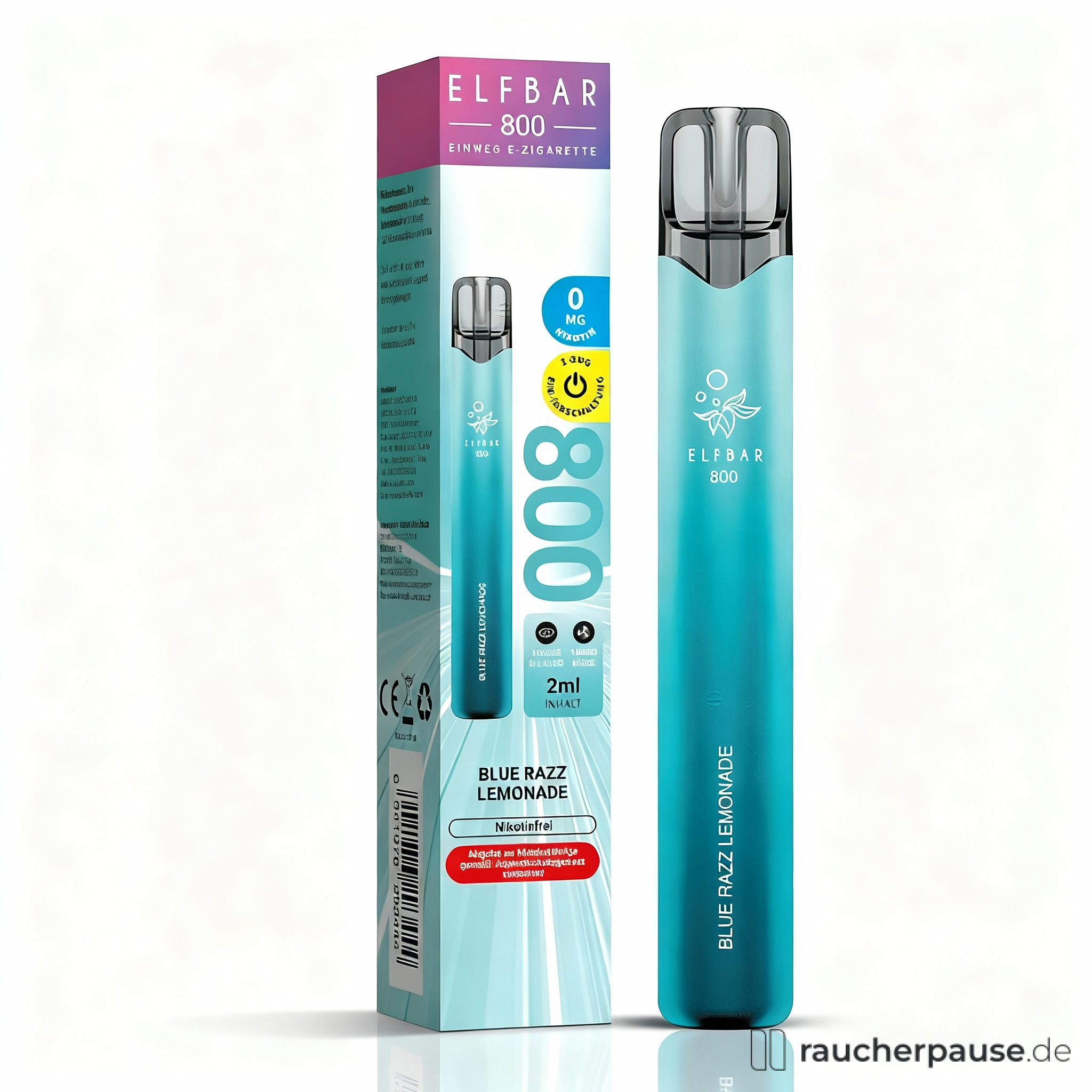 Einweg-E-Zigarette Elf Bar 800 in hellblauem Design mit blau-rosa Verpackung und Blue Razz Lemonade-Geschmack.