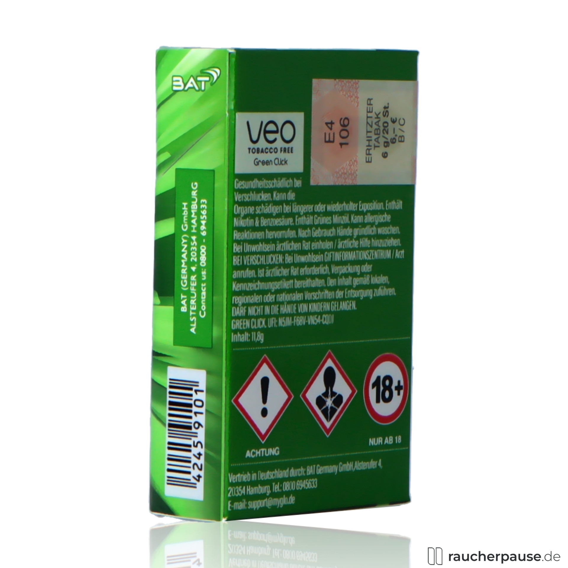veo, veo green click sticks fuer glo stueck pfefferminz , packshot hinterseite