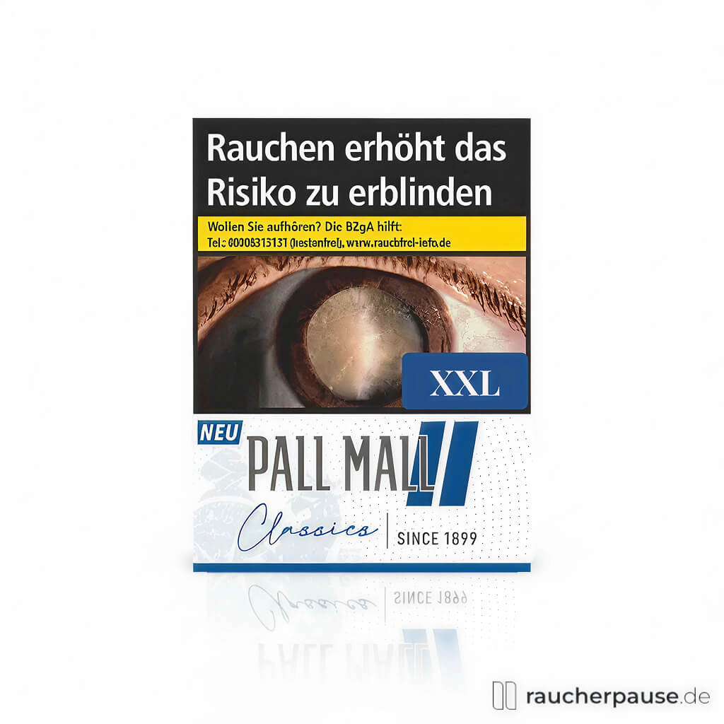 Pall Mall Classics Blue King Size Zigaretten in XXL Packung mit 22 Stück in blau-weißer Verpackung mit stilisiertem Auge und blauem XXL-Logo.